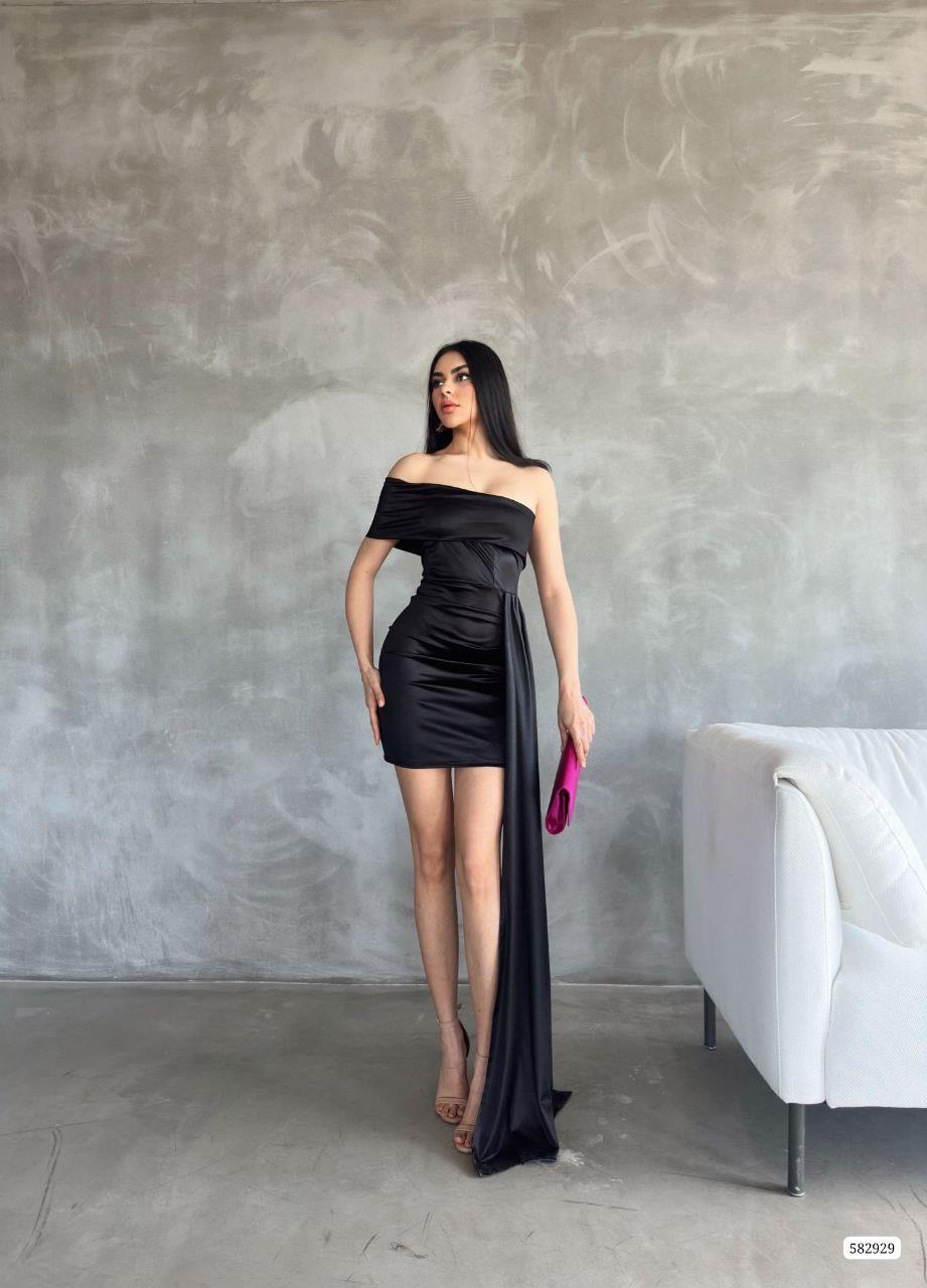 Tek Omuzlu Saten Mini Davet Elbise 582929 SİYAH
