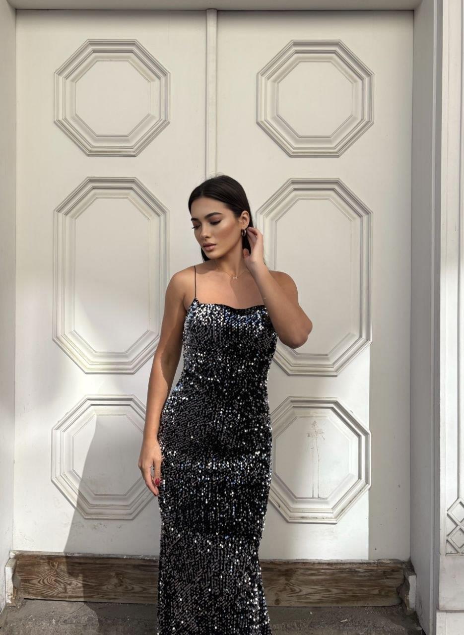 Trend Kadife Balık Elbise SİYAH GÜMÜŞ 583220