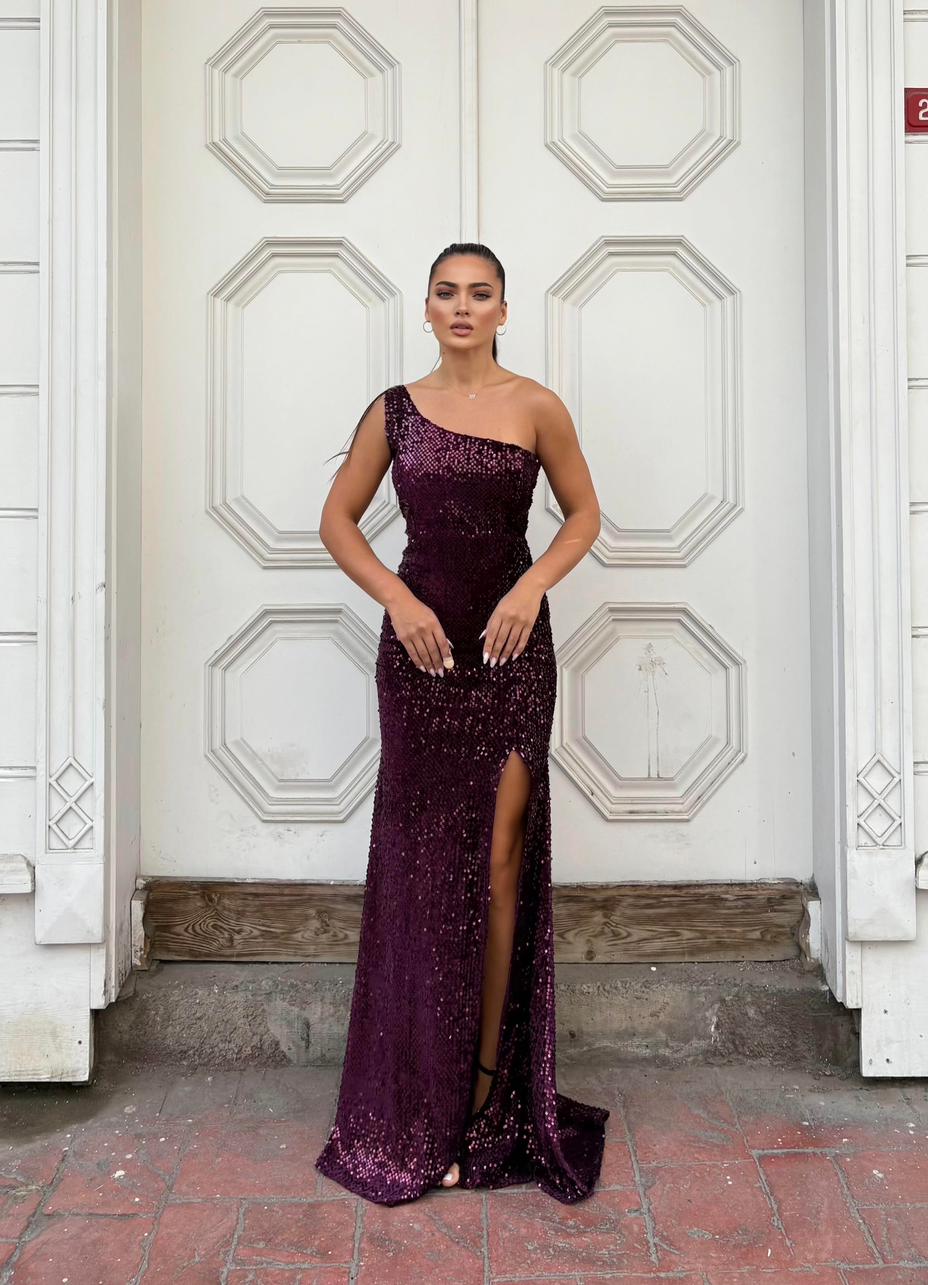 Trend Kadife Yırtmaçlı Elbise Açık Mor 583150