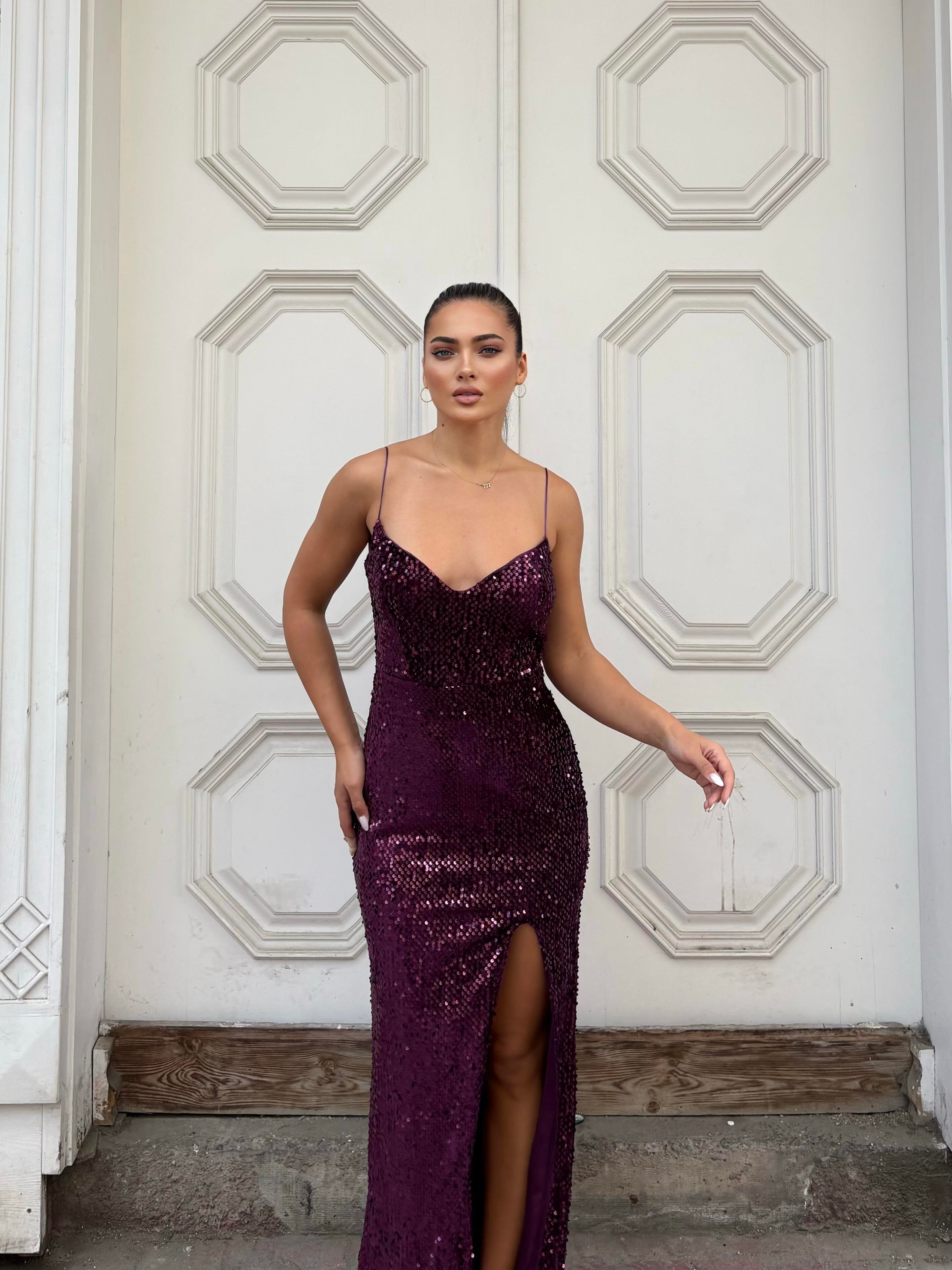Trend Yırtmaçlı Kadife Elbise Mor 583293