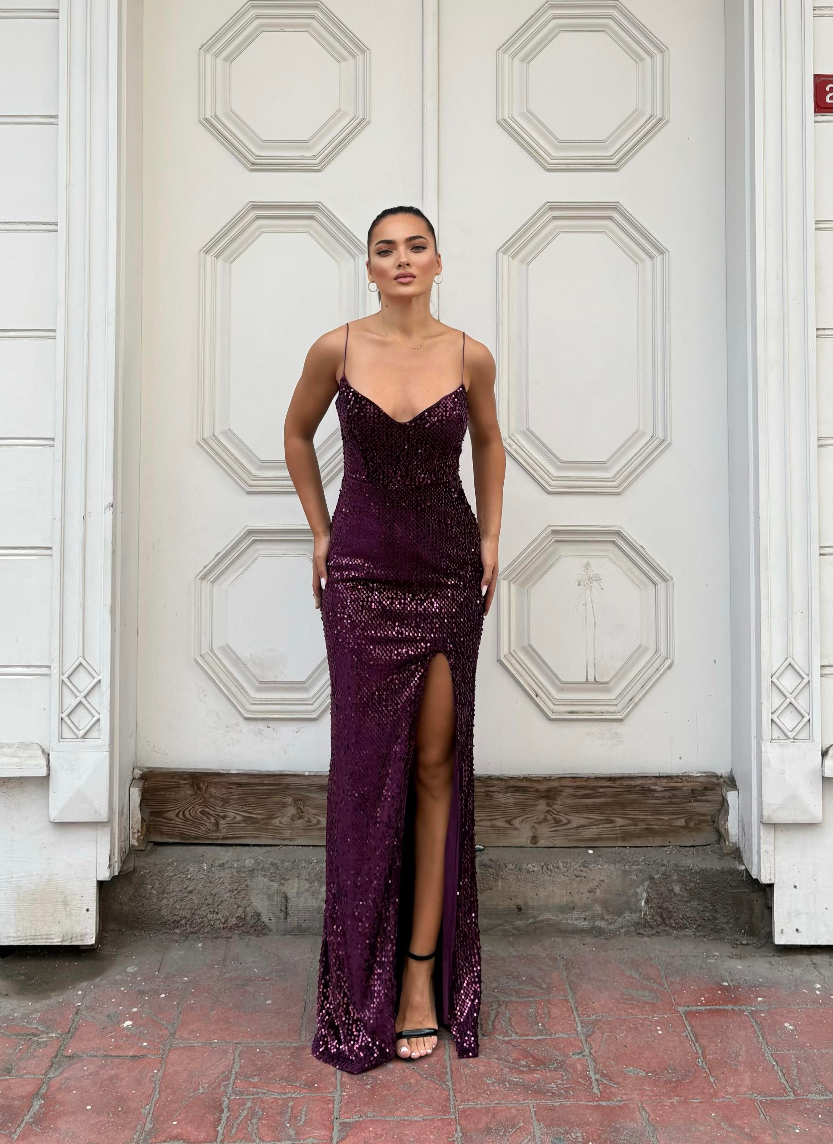 Trend Yırtmaçlı Kadife Elbise Mor 583293