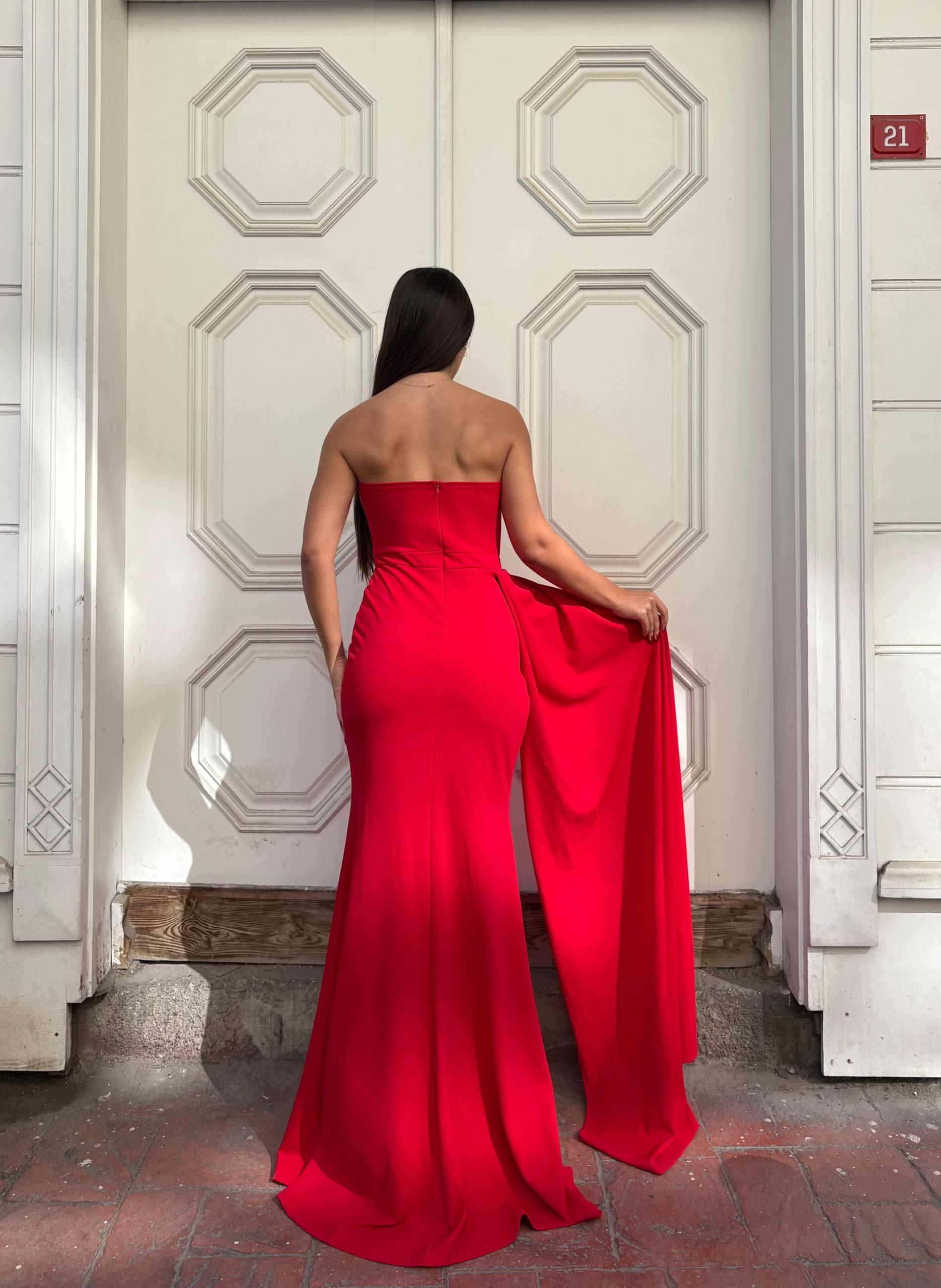 Uzun kollu, vücudu saran balık kesim ve önündeki kuyruk/drape detaylı elbise 583346 KIRMIZI