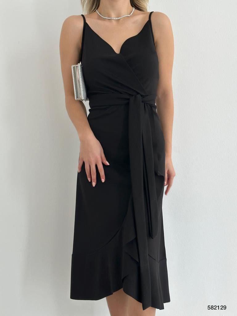 Volanlı Midi Boy Kuşaklı Elbise 582129 SİYAH