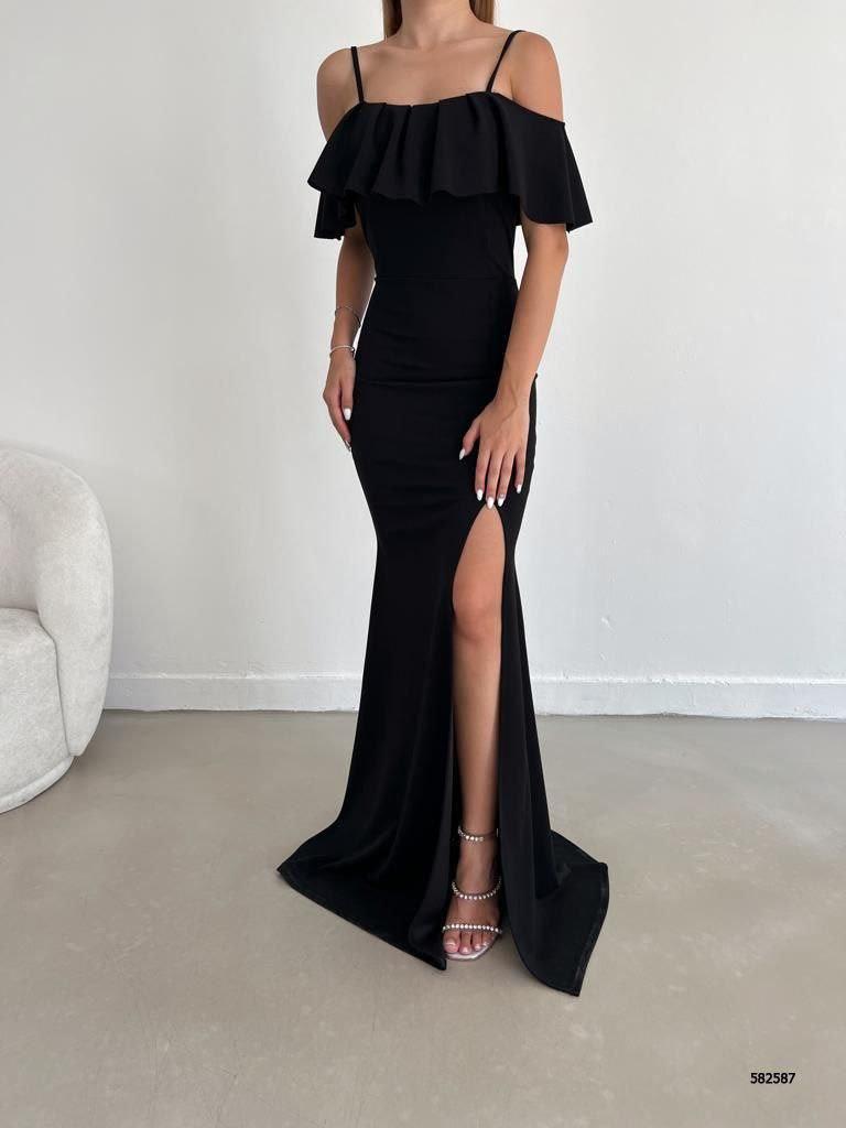 Yakasi Kat Detayli Maxi Boy Abiye Ve Mezuniyat Elbisesi 582587 Siyah