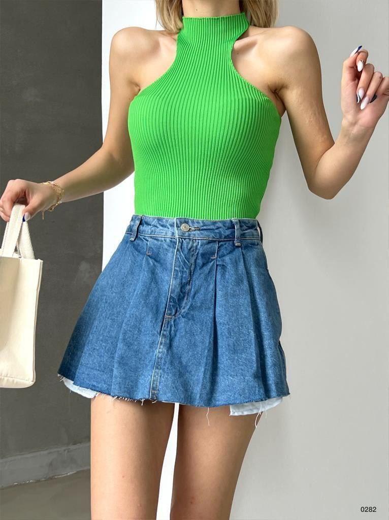 Yeşil Dik Yaka Kolsuz Triko Bluz TR0282