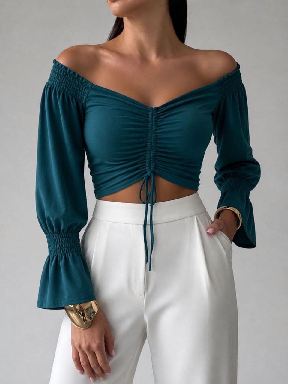 Zümrüt Madonnyaka Büzgülü Crop Bluz 582380