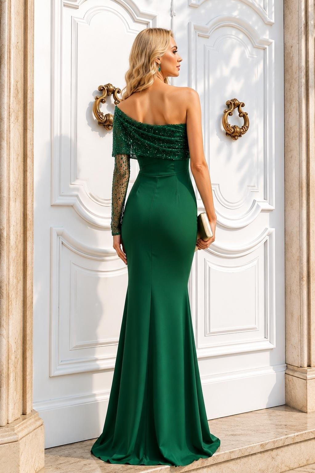 Zümrüt Simli Kumaş Tek Kol Taş İşlemeli Balık Model Abiye 583408