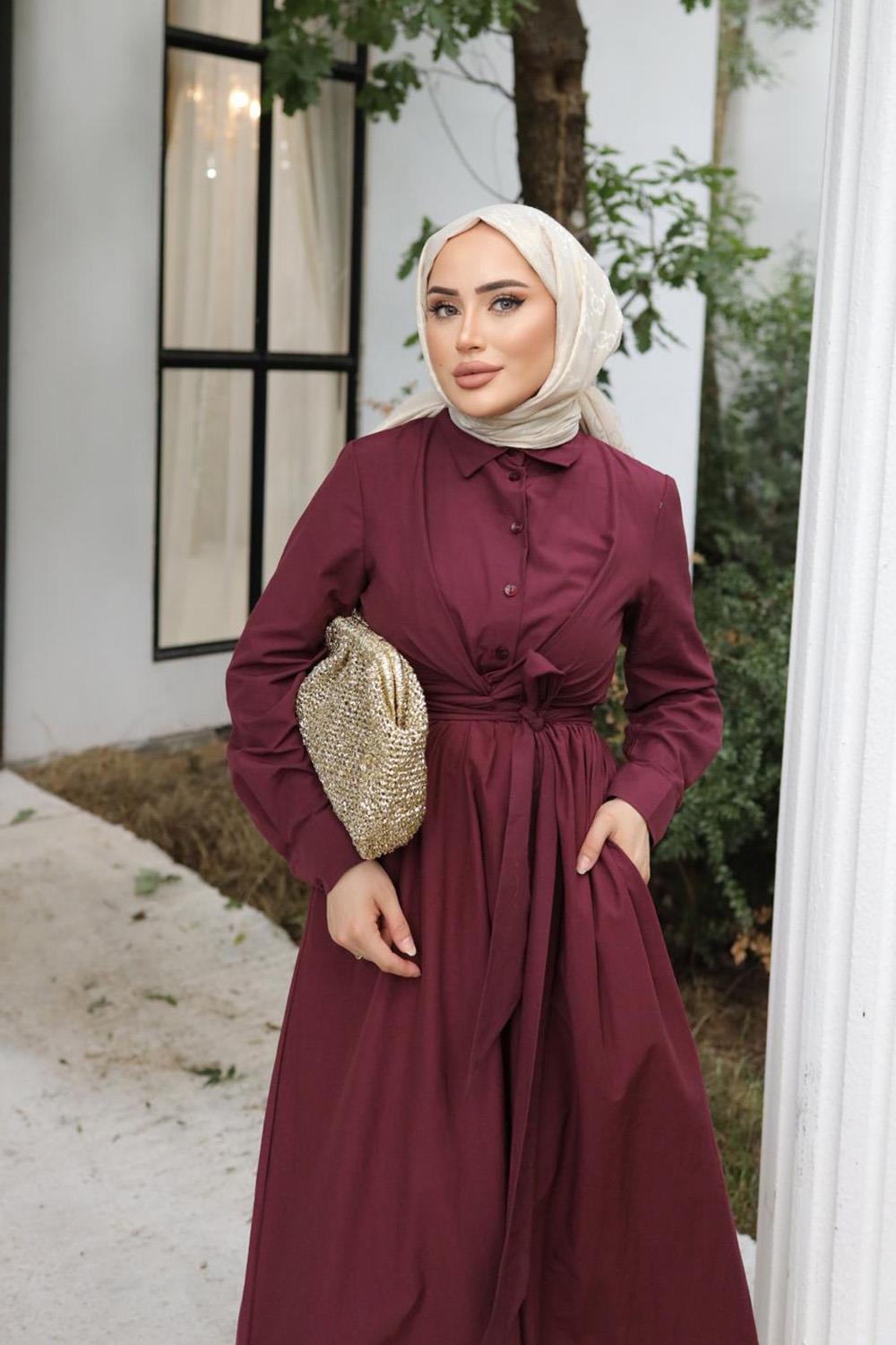 ÇAPRAZ KUŞAKLI ELBİSE BORDO