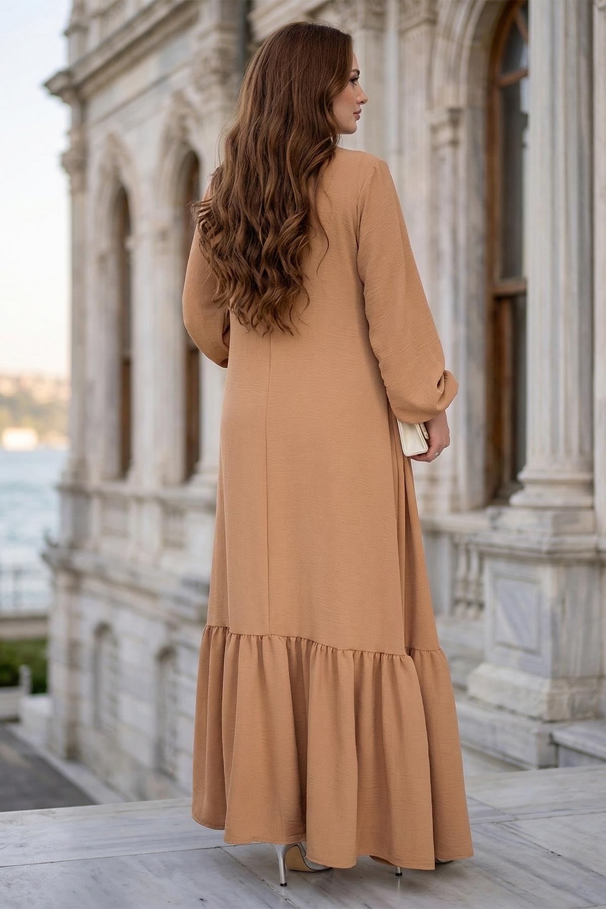 Bağlamalı Ayrobin Elbise Camel SS2873