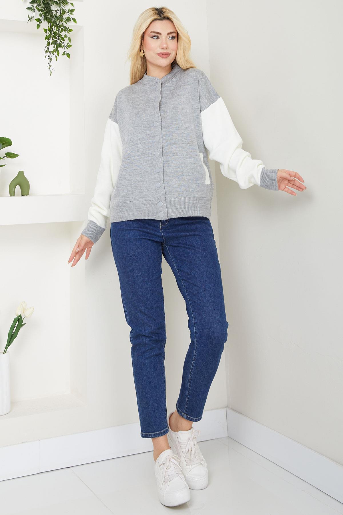 Bomber Yaka Çıtçıtlı Triko Hırka SS2615 Gri
