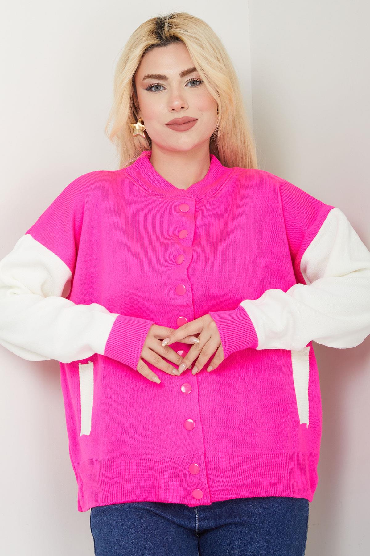 Bomber Yaka Çıtçıtlı Triko Hırka SS2615 Pembe
