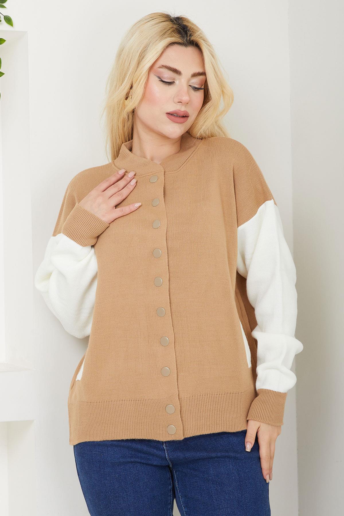 Bomber Yaka Çıtçıtlı Triko Hırka SS2615 Kahverengi