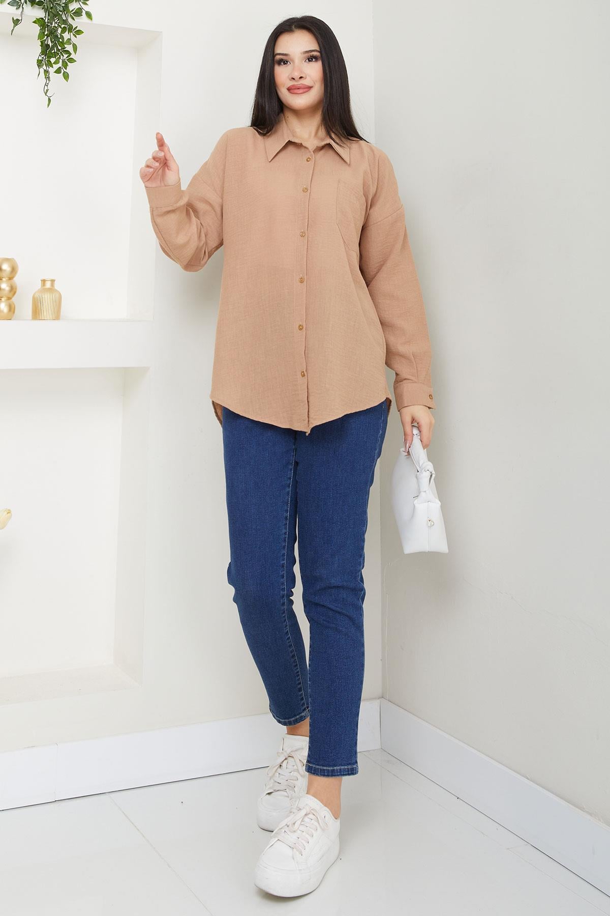 Cepli Oversize Keten Gömlek Vizon SS2651