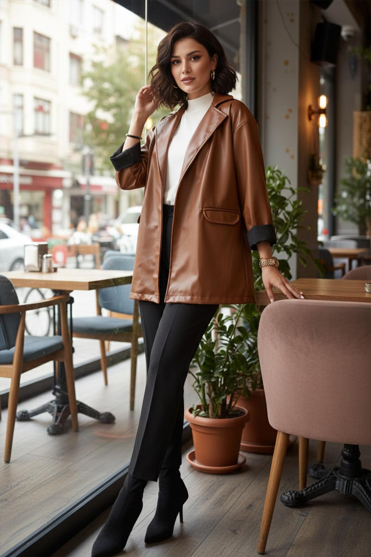 Oversize Kadın Deri Ceket Taba SS2270