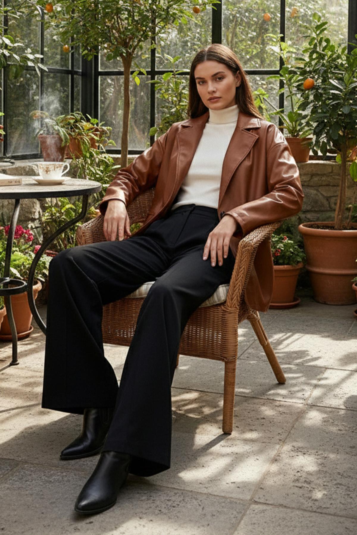 Oversize Kadın Deri Ceket Taba SS2270