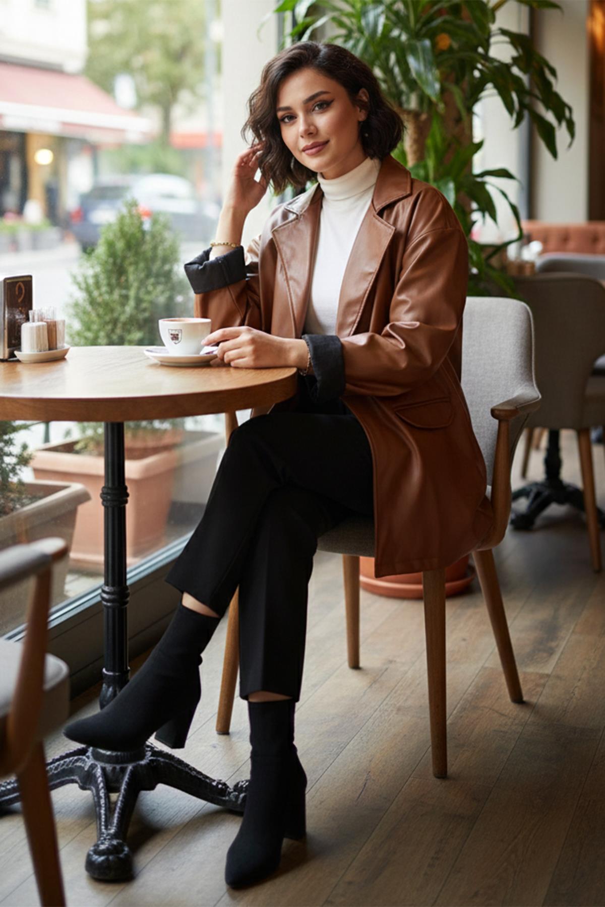 Oversize Kadın Deri Ceket Taba SS2270