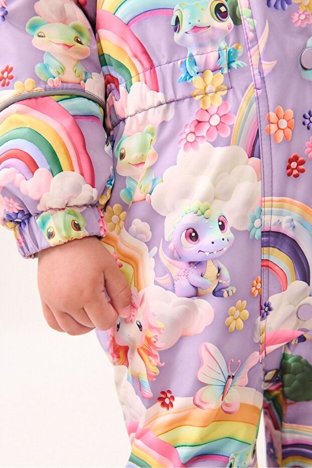 Next Baby Kız Çocuk Su Geçirmez Suni Kürk Süslemeli Baskılı Mor Unicorn Kar Tulumu