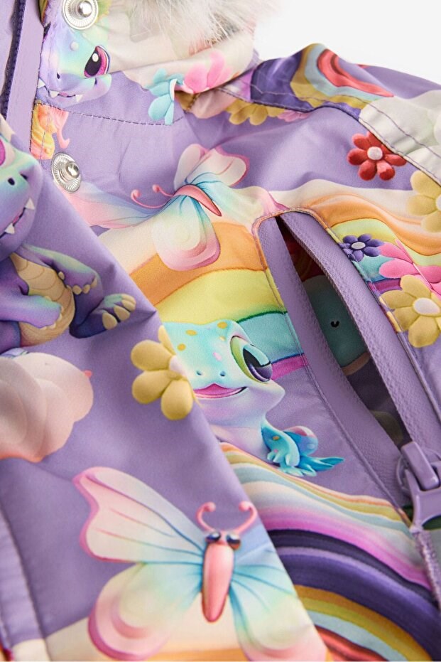 Next Baby Kız Çocuk Su Geçirmez Suni Kürk Süslemeli Baskılı Mor Unicorn Kar Tulumu