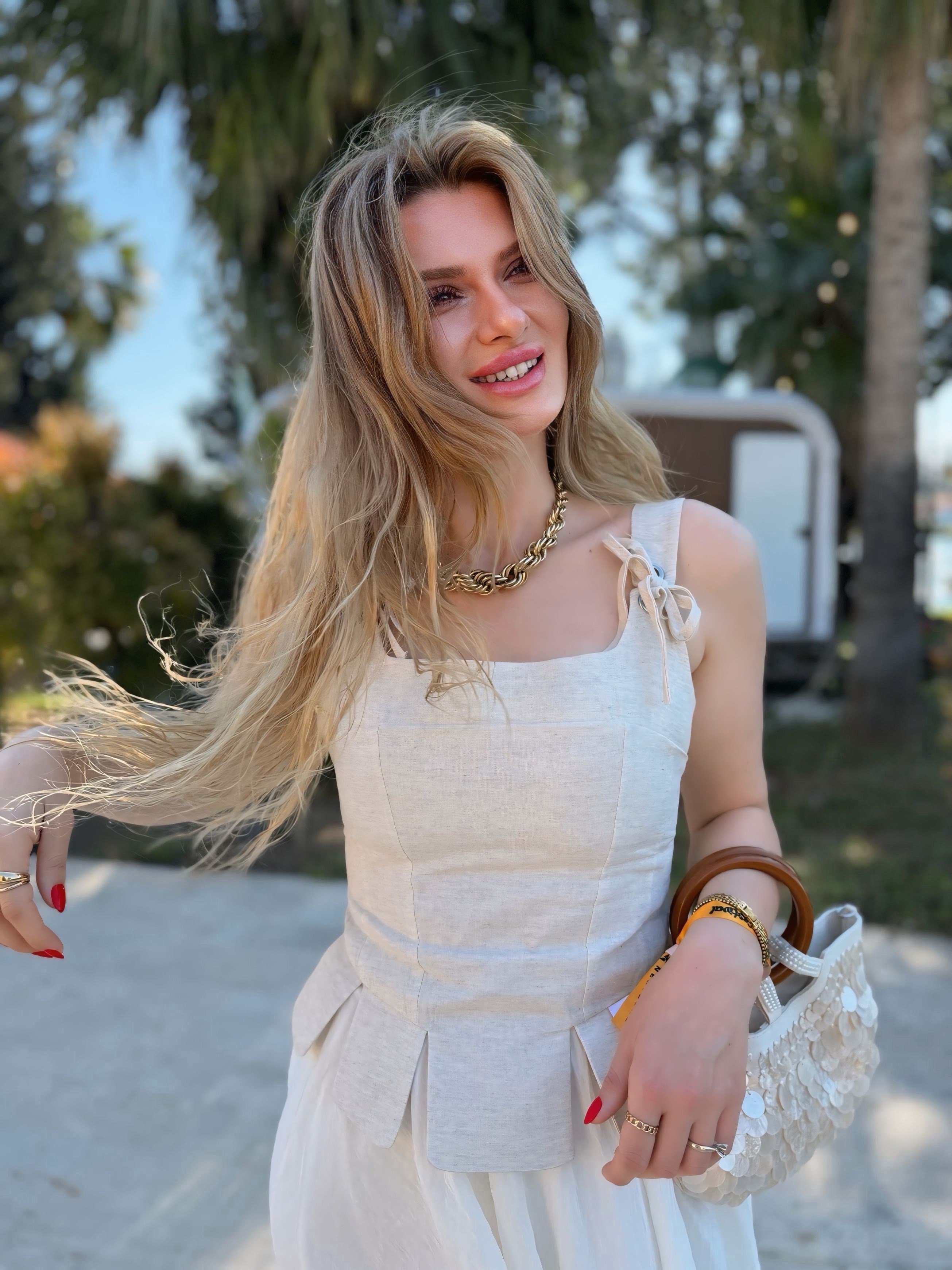 BluzBej İp Detaylı Keten Korse Bluz