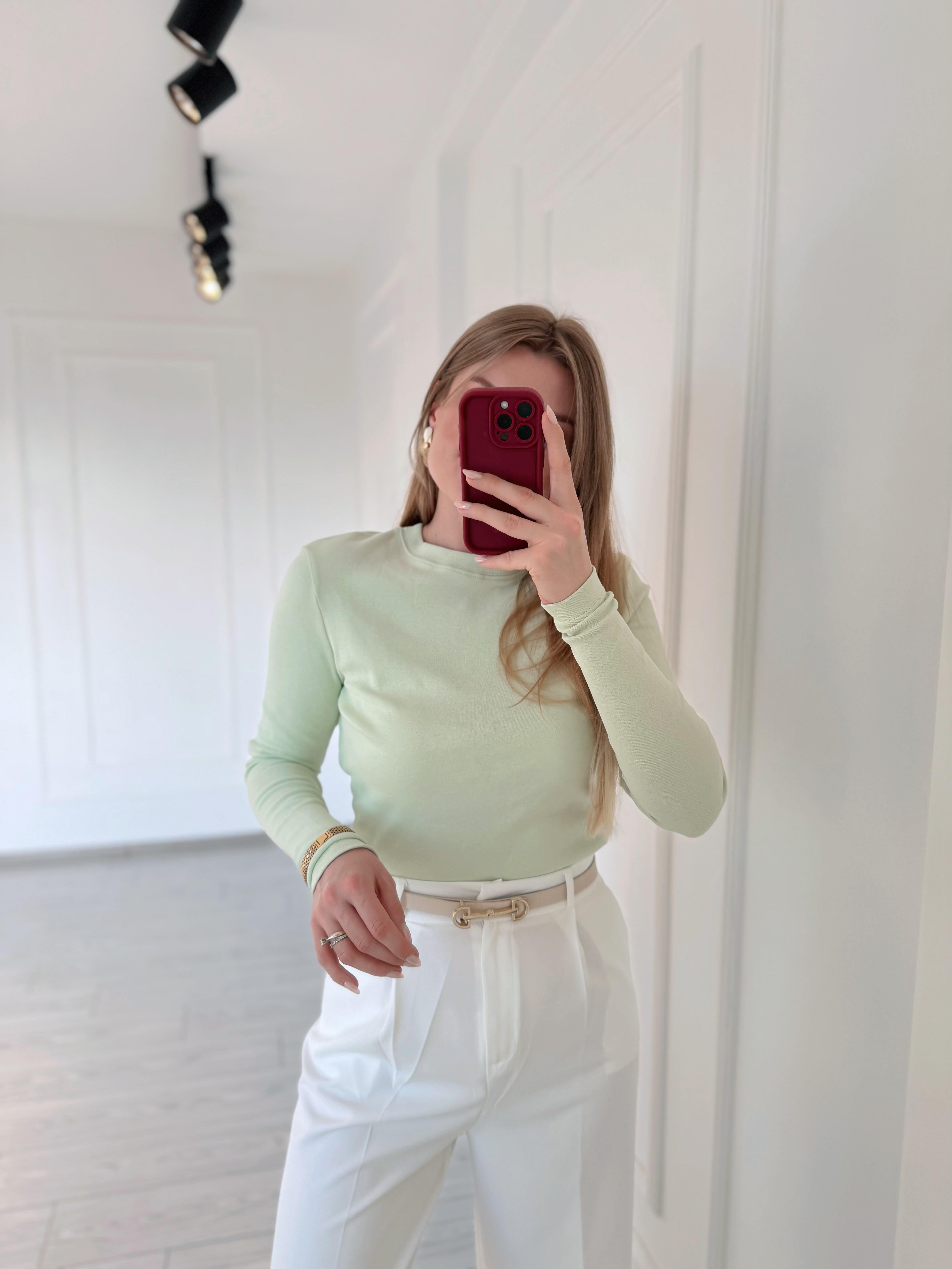 BluzCS Marka Etiketli %100 Pamuk Basic Bluz - Su Yeşili