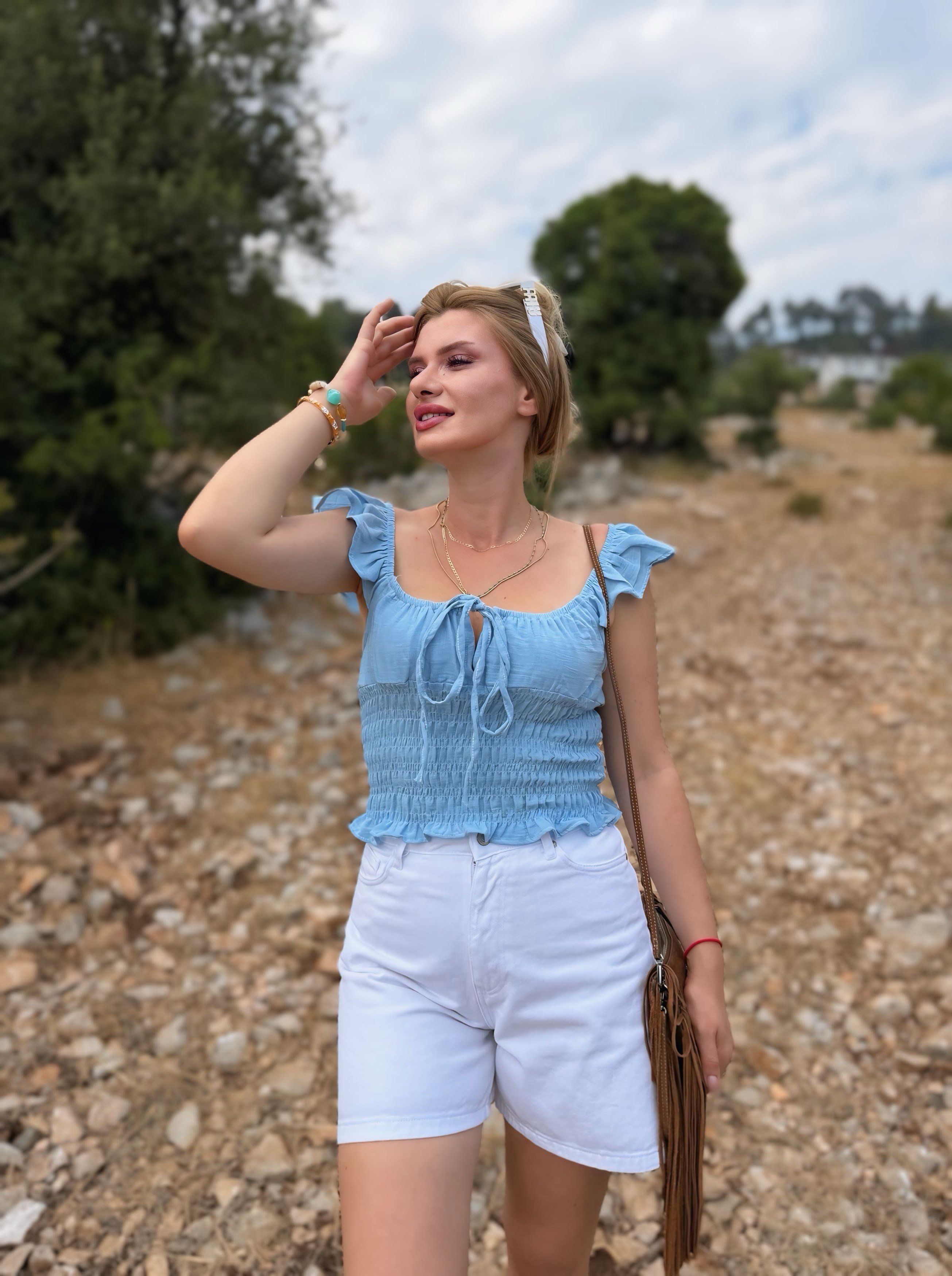 BluzMavi Gipeli Bel Detaylı Bağlamalı Bluz