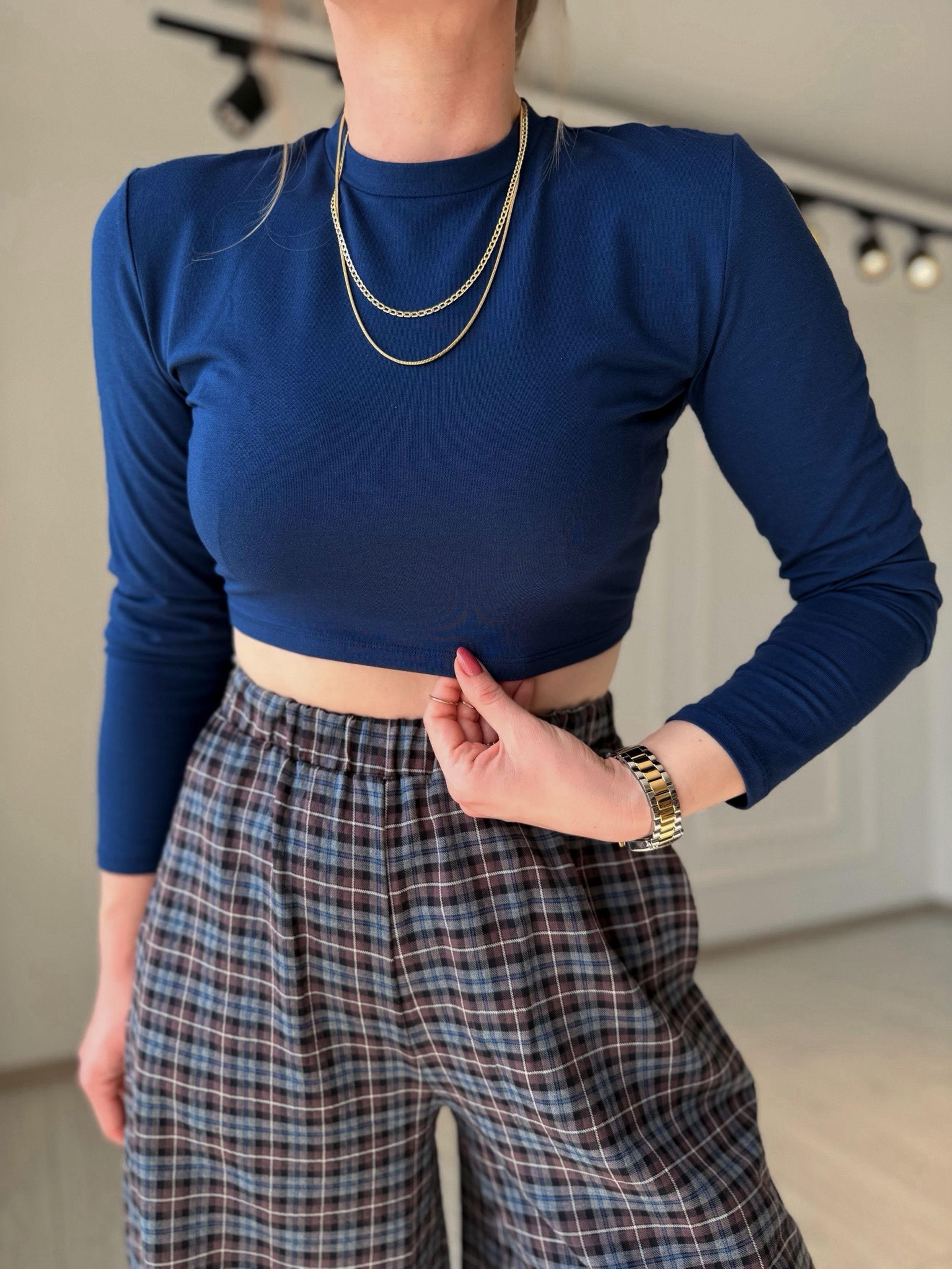 CropBisiklet Yaka Uzun Kol Basic Crop Bluz - Lacivert