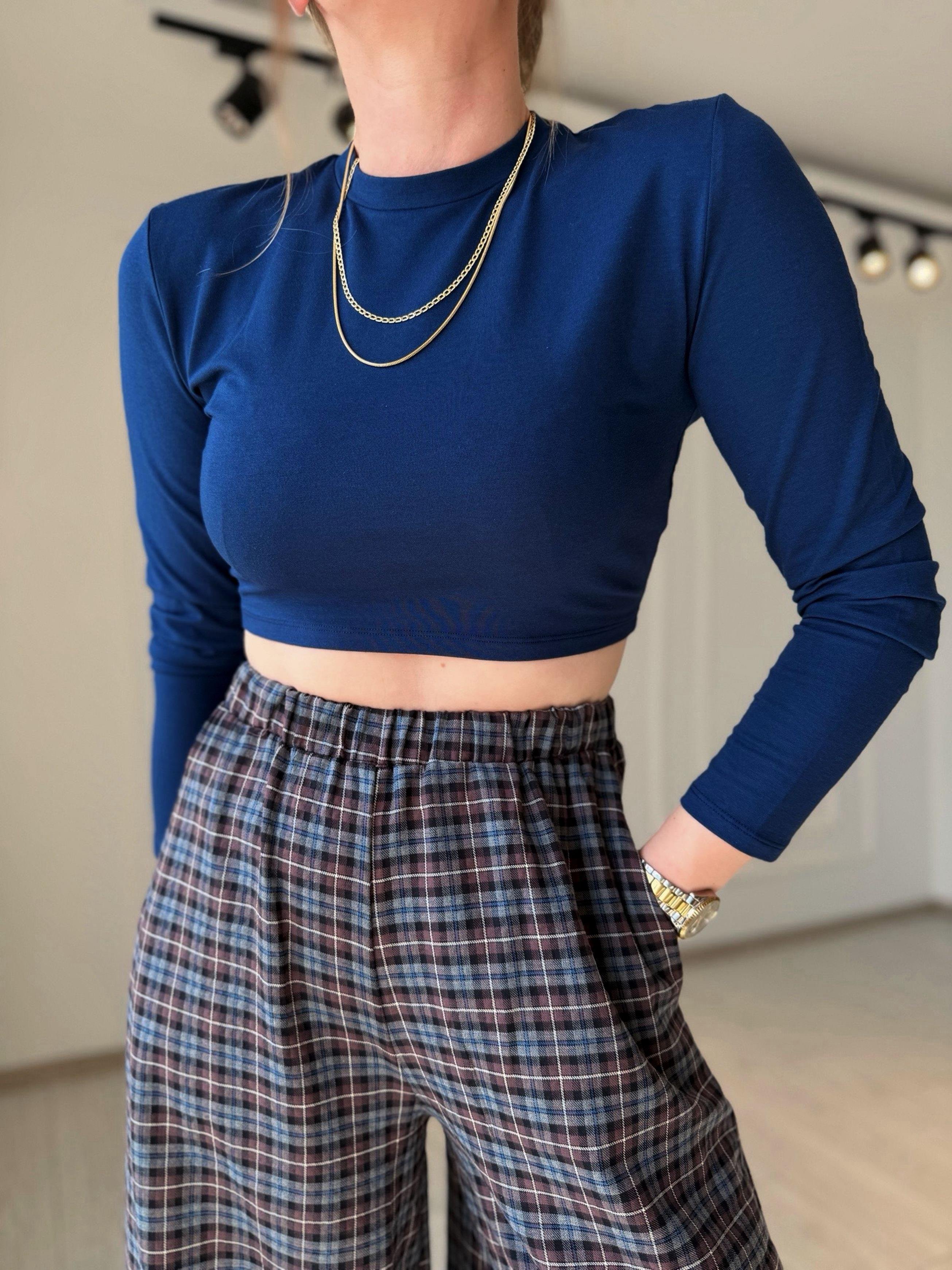CropBisiklet Yaka Uzun Kol Basic Crop Bluz - Lacivert