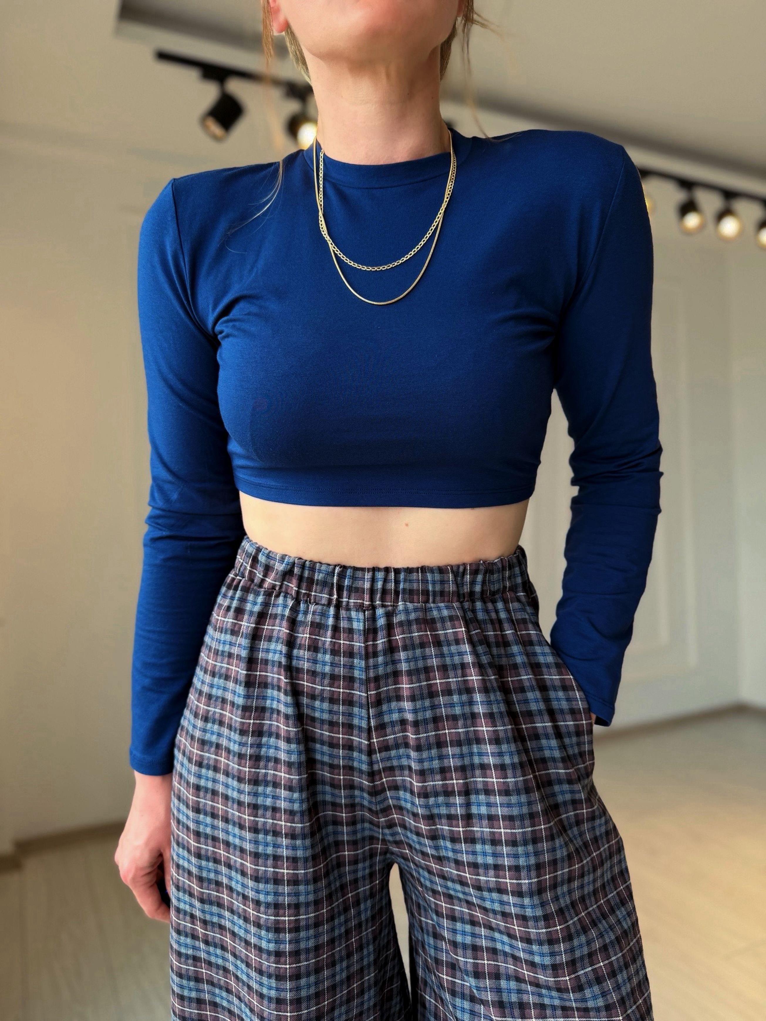 CropBisiklet Yaka Uzun Kol Basic Crop Bluz - Lacivert