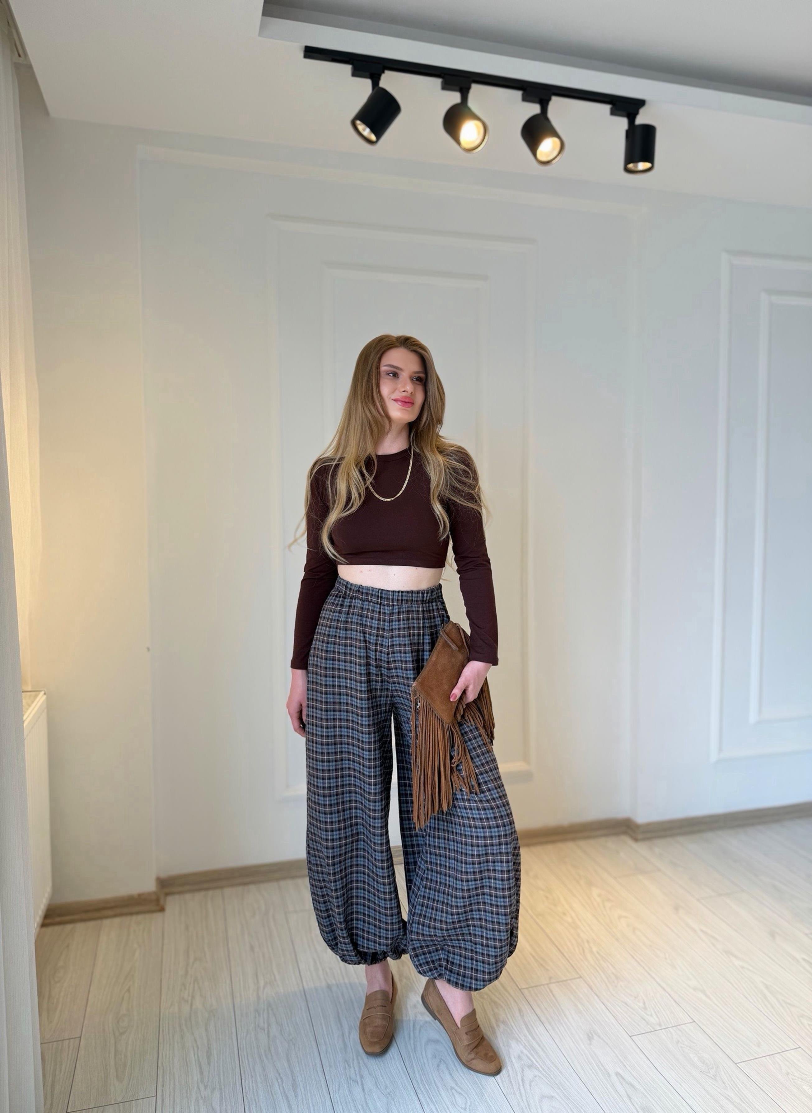 CropBisiklet Yaka Uzun Kol Basic Crop Bluz - Kahve