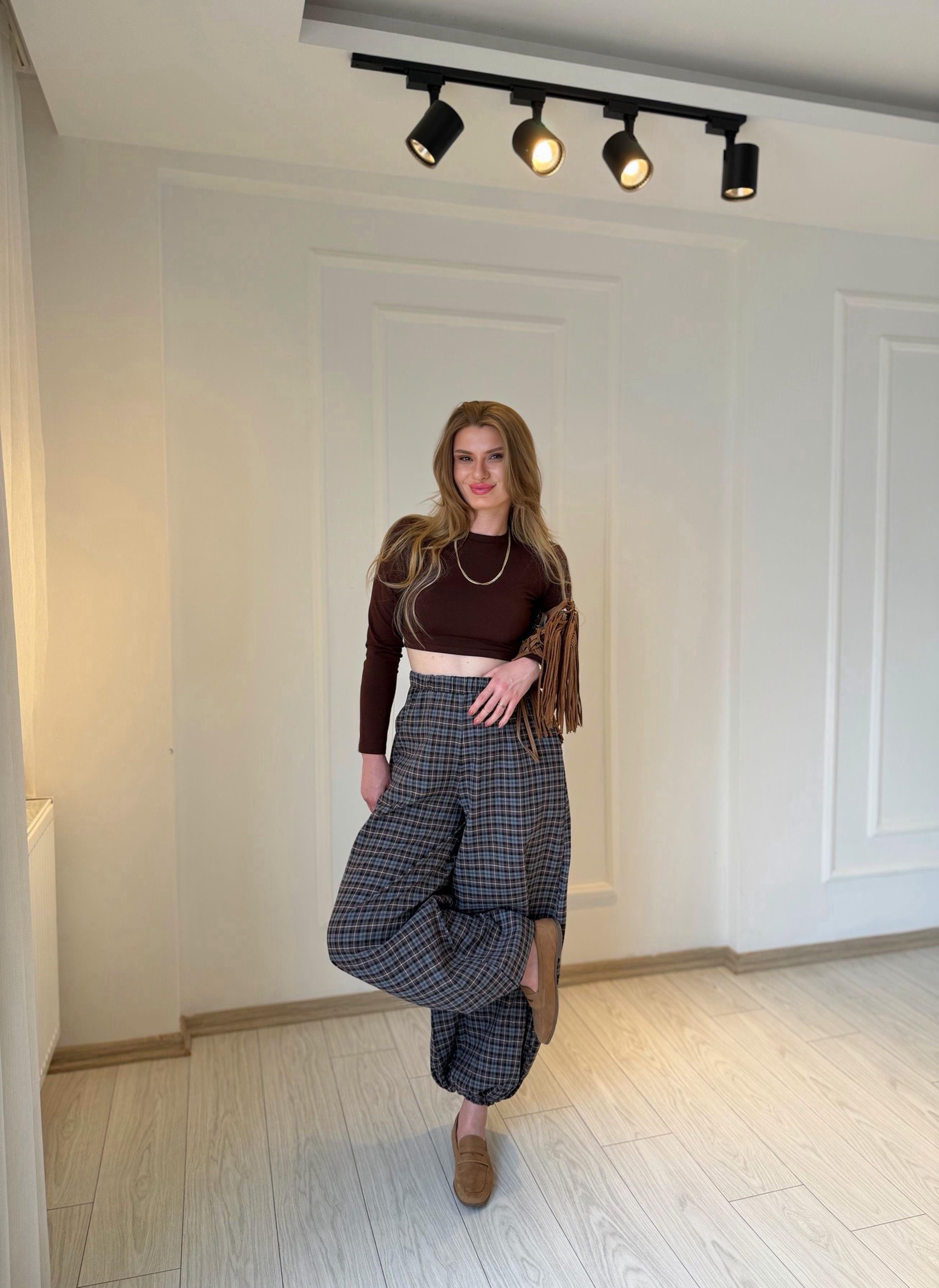 CropBisiklet Yaka Uzun Kol Basic Crop Bluz - Kahve