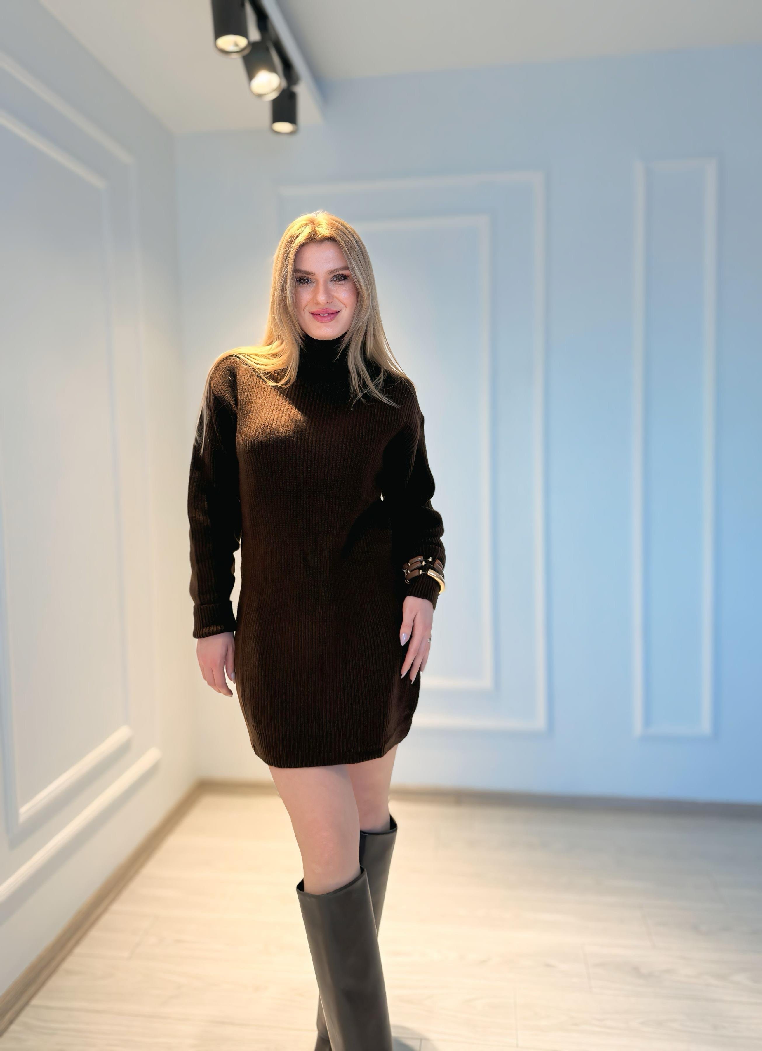 ELBİSEBalıkçı Yaka Triko Tunik Elbise - Kahve