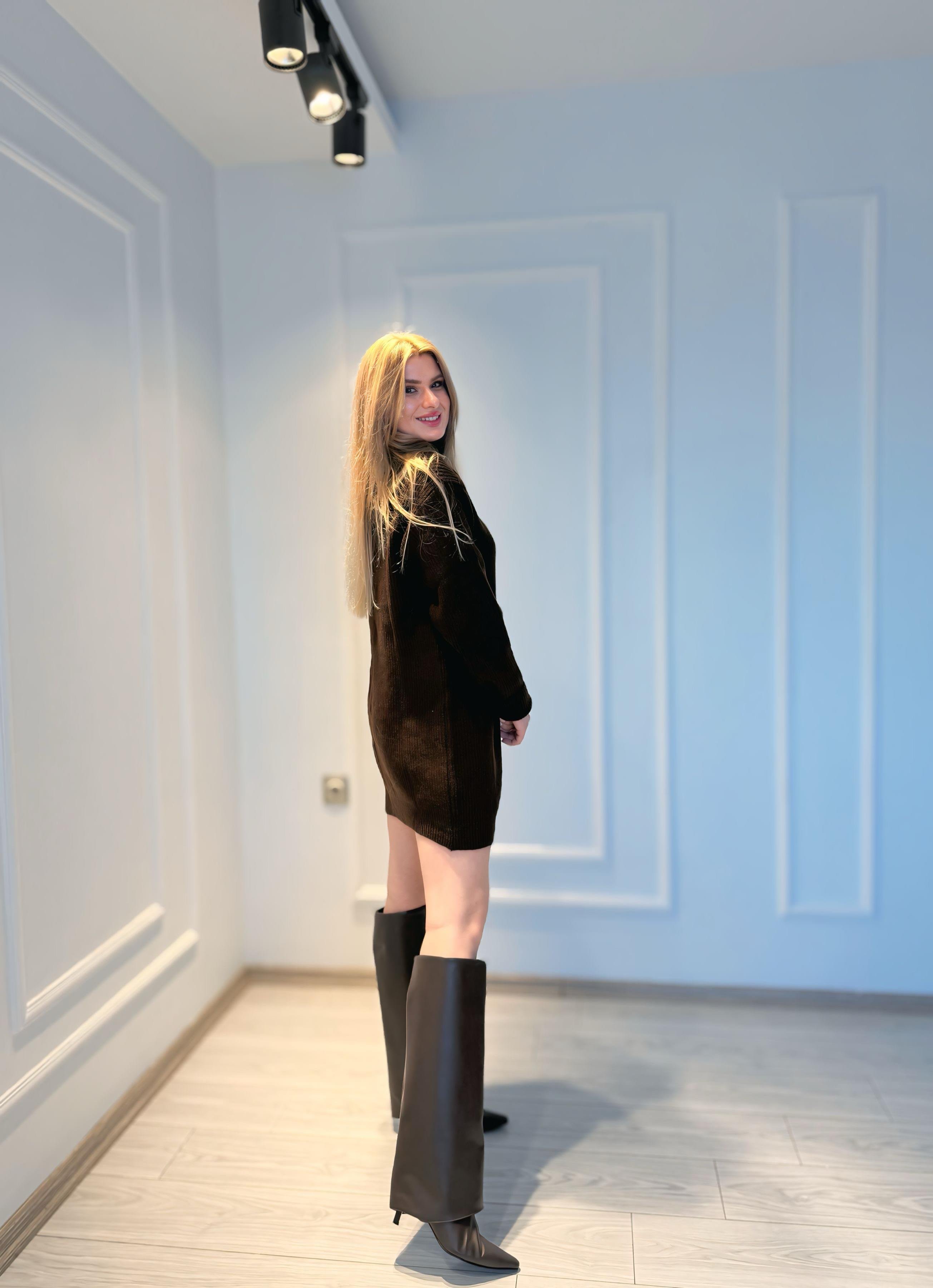 ELBİSEBalıkçı Yaka Triko Tunik Elbise - Kahve