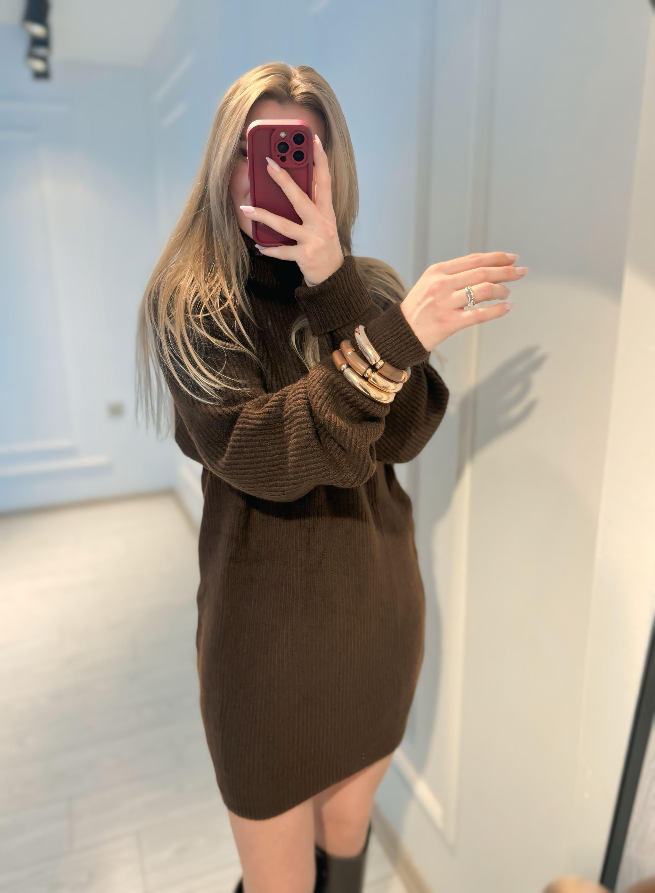ELBİSEBalıkçı Yaka Triko Tunik Elbise - Kahve