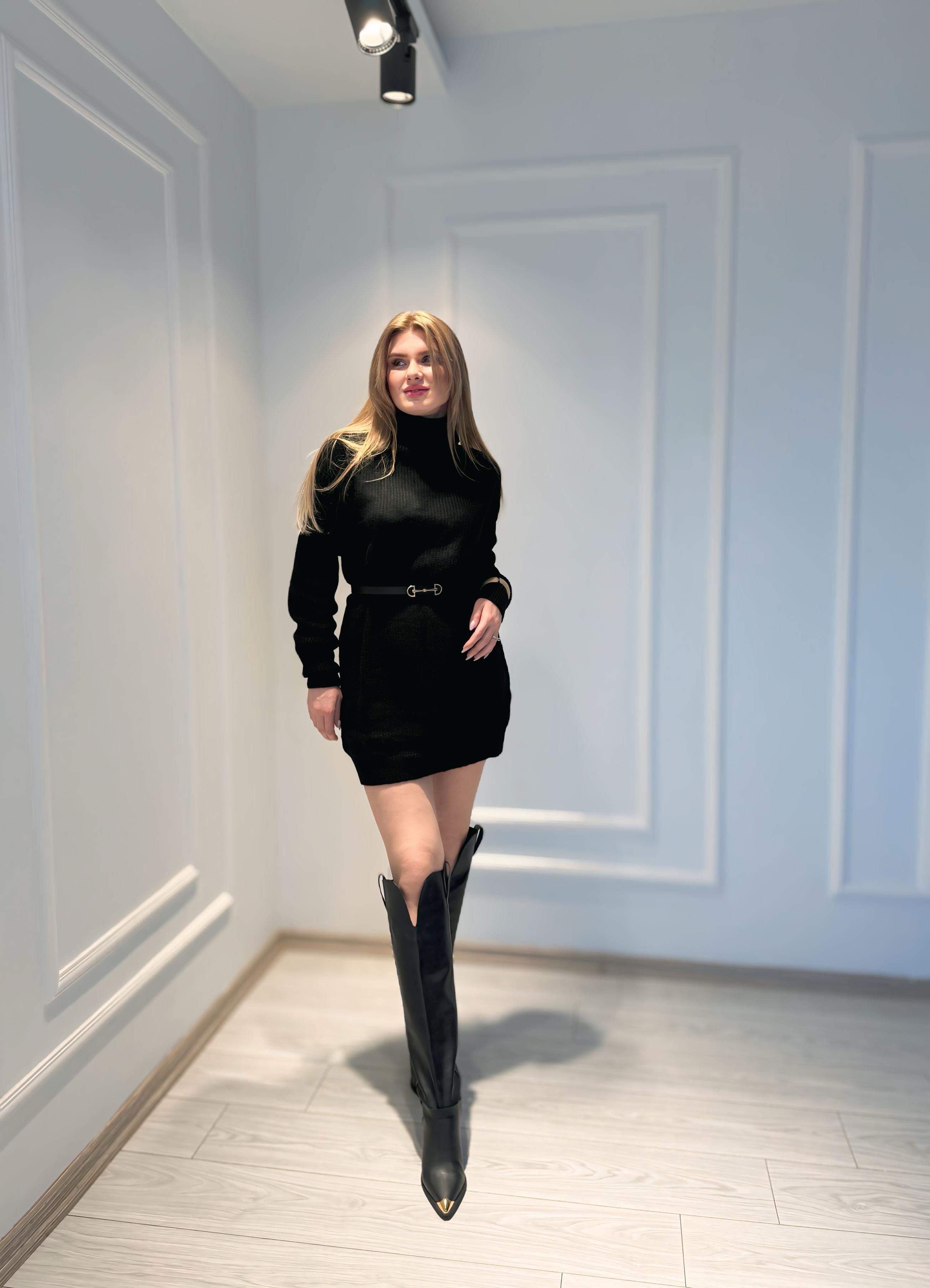 ELBİSEBalıkçı Yaka Triko Tunik Elbise - Siyah