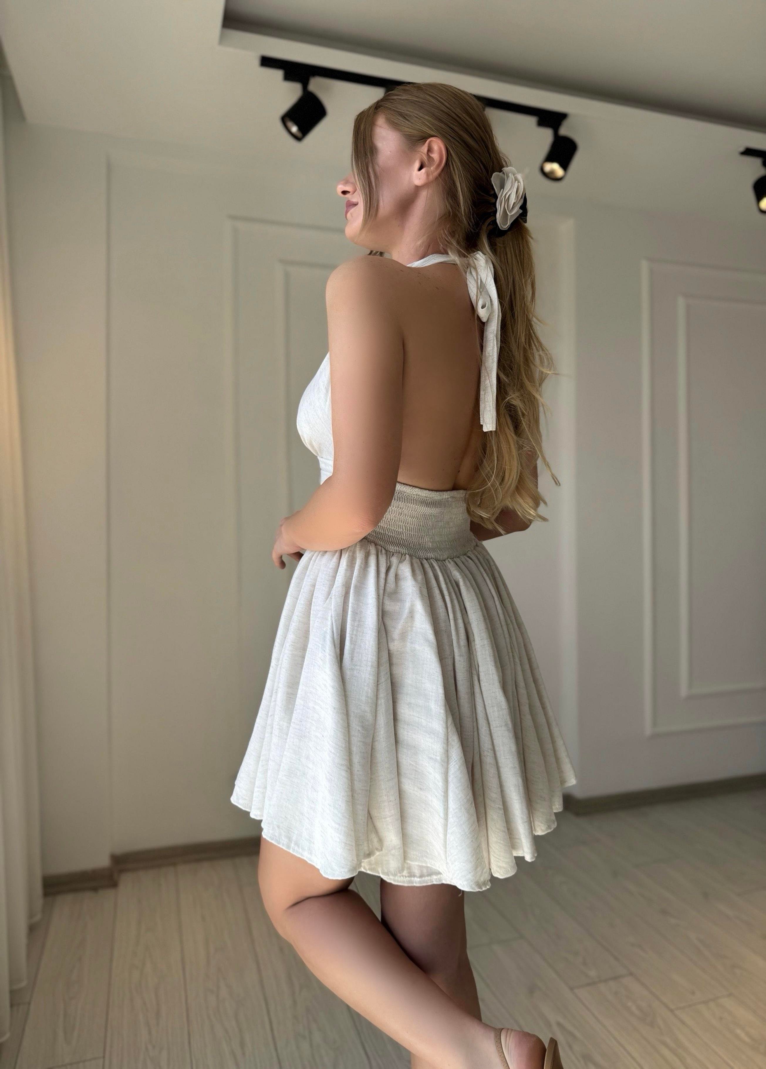 ELBİSEBelinda Boyundan Bağlamalı Mini Elbise - Ekru