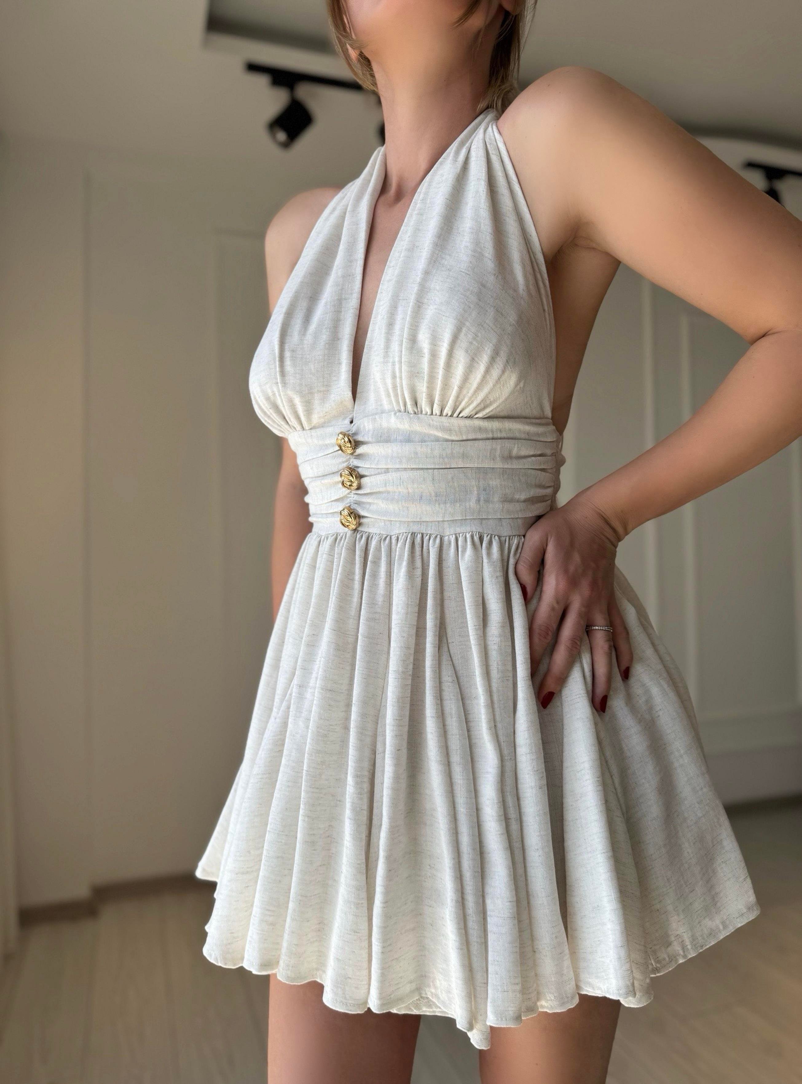 ELBİSEBelinda Boyundan Bağlamalı Mini Elbise - Ekru