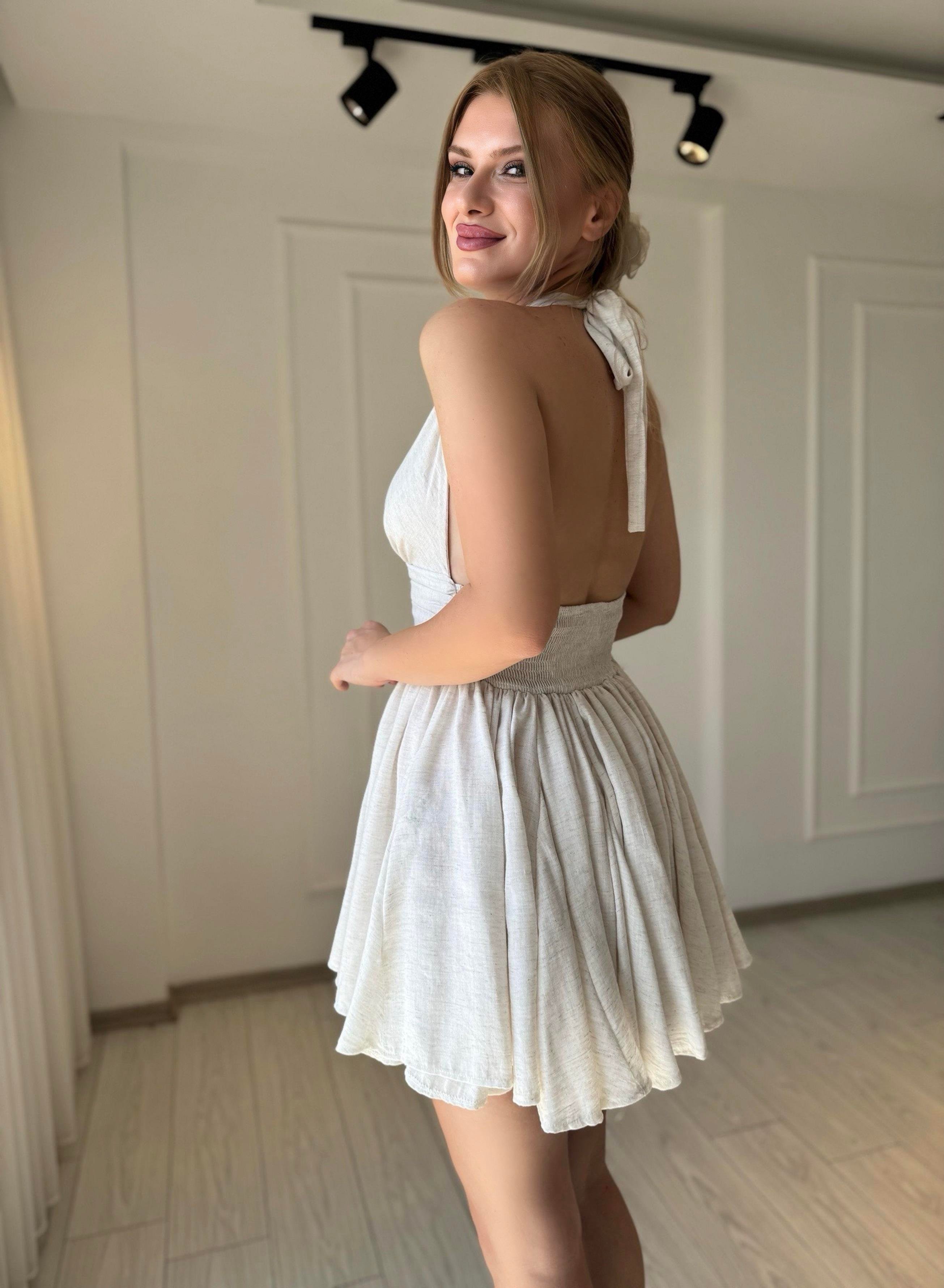 ELBİSEBelinda Boyundan Bağlamalı Mini Elbise - Ekru