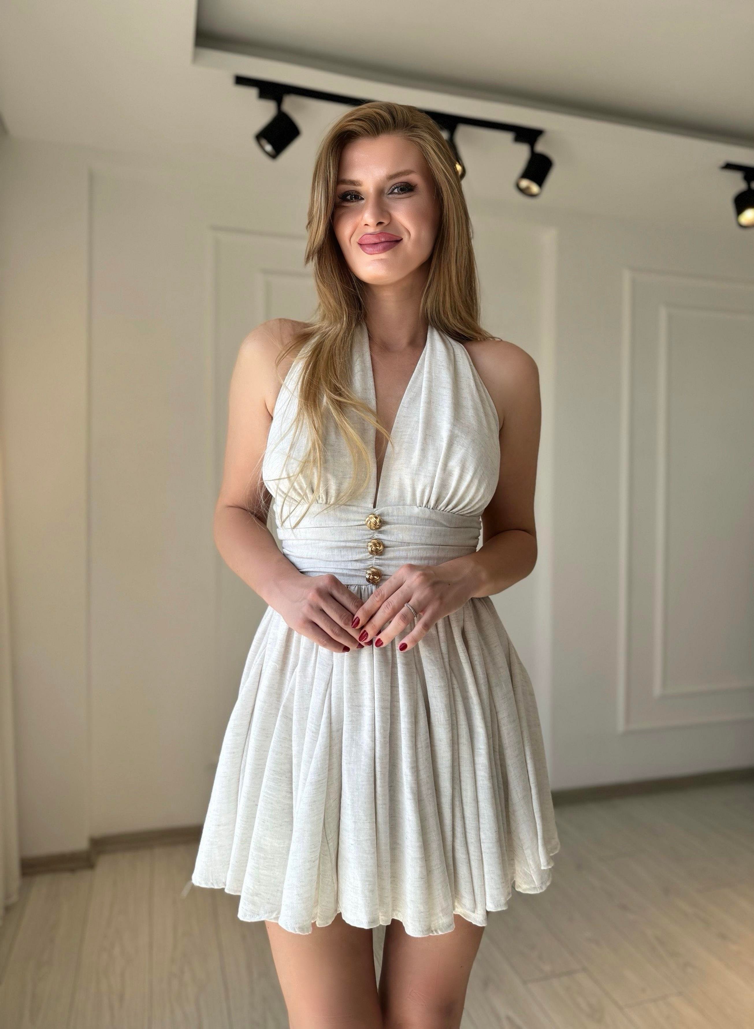 ELBİSEBelinda Boyundan Bağlamalı Mini Elbise - Ekru