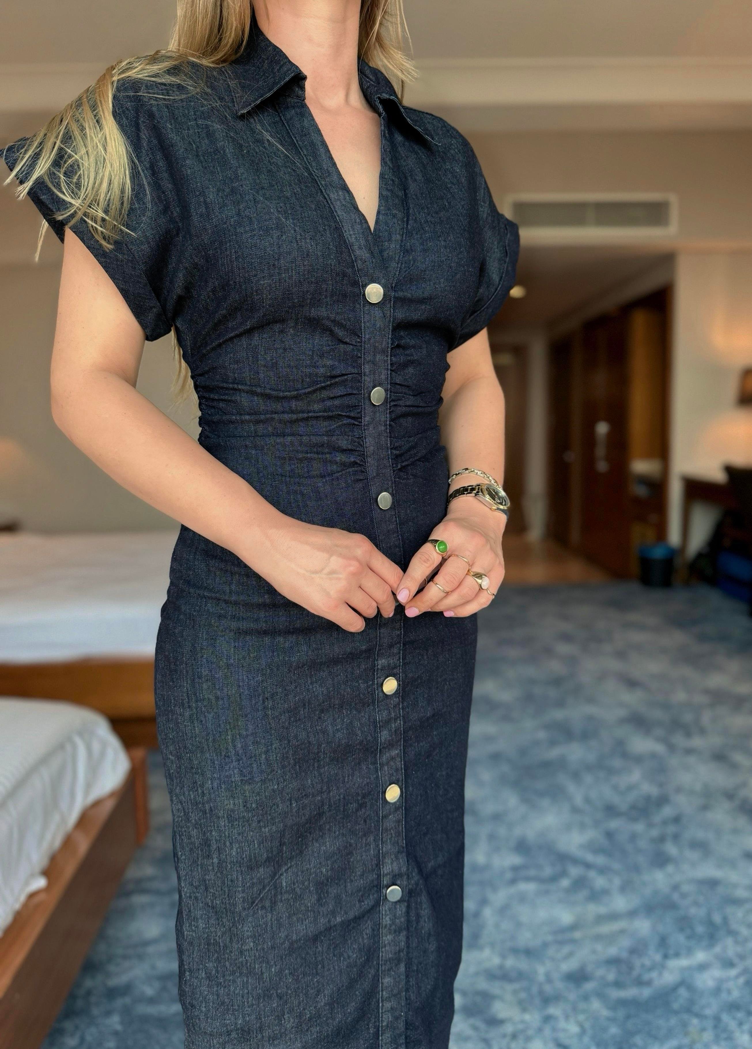 ELBİSEBelli Büzgülü Uzun Denim Elbise