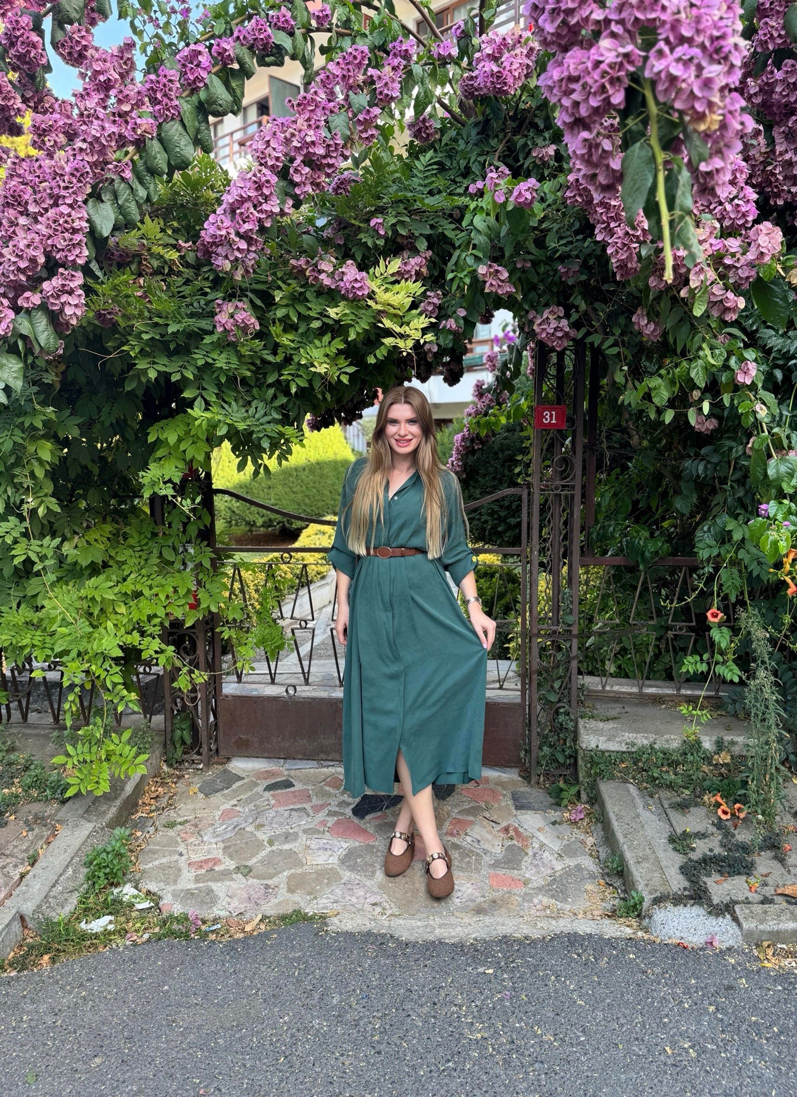 ELBİSEKemer Detaylı Modal Gömlek Elbise - Zümrüt