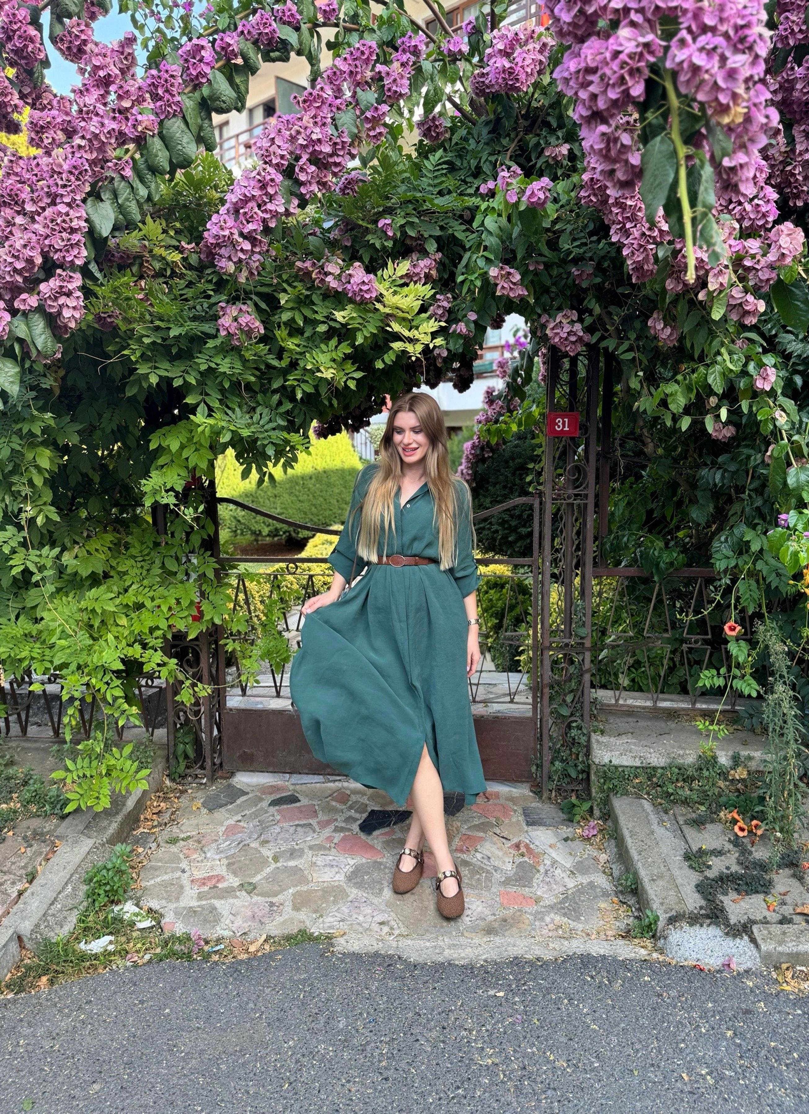 ELBİSEKemer Detaylı Modal Gömlek Elbise - Zümrüt