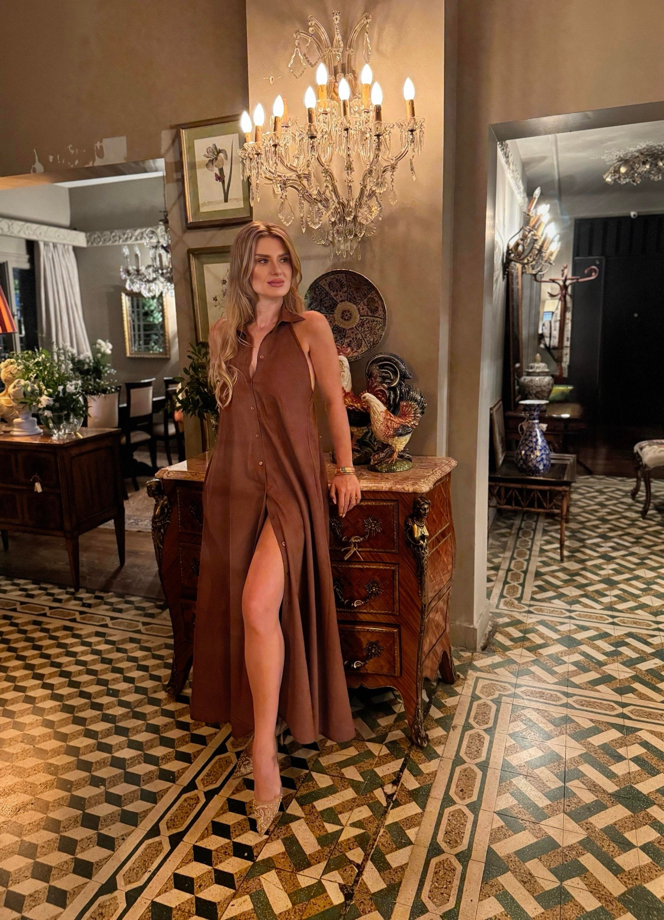 ELBİSELaura Halter Yaka Düğmeli Keten Elbise - Kahve