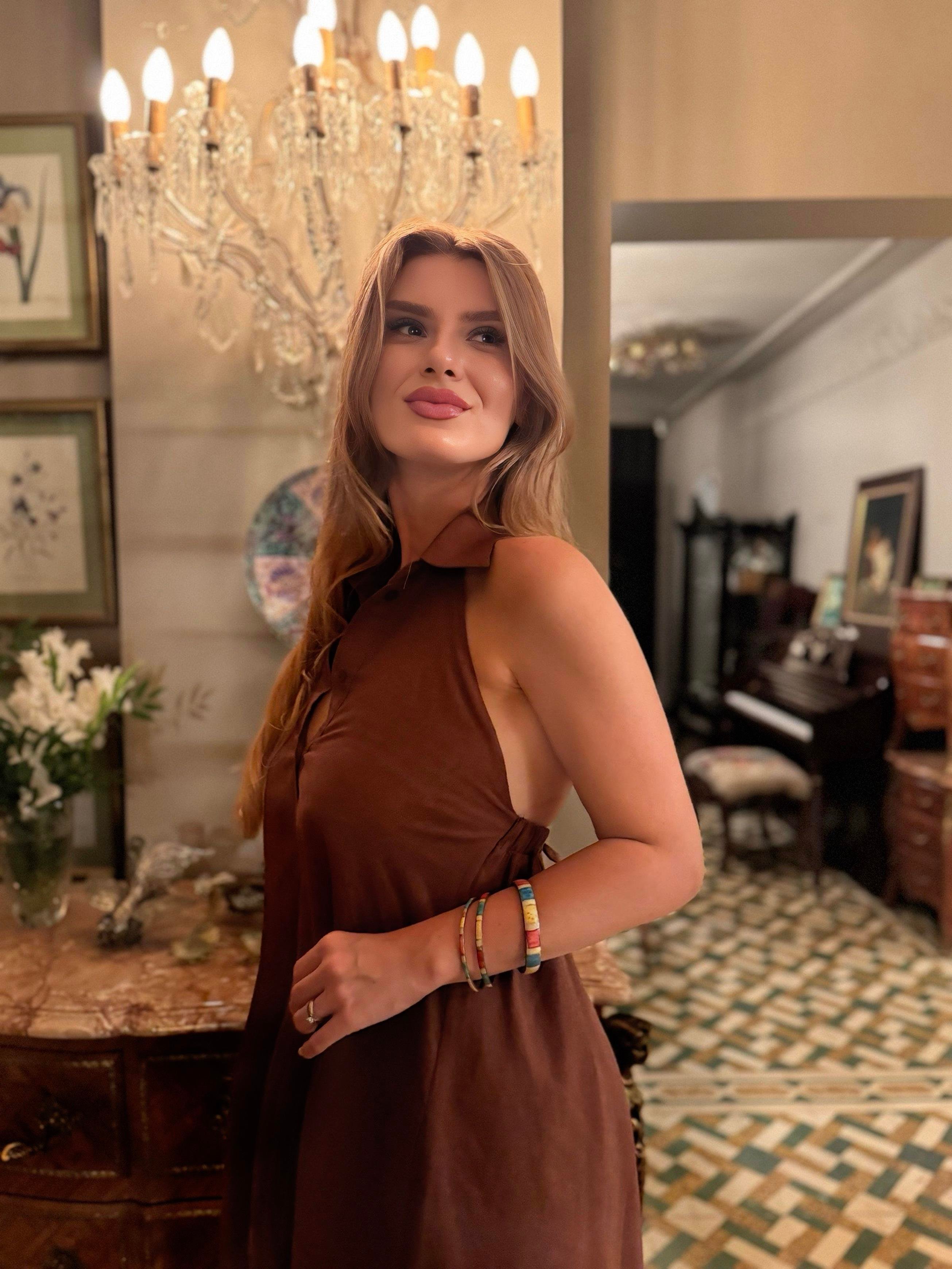 ELBİSELaura Halter Yaka Düğmeli Keten Elbise - Kahve