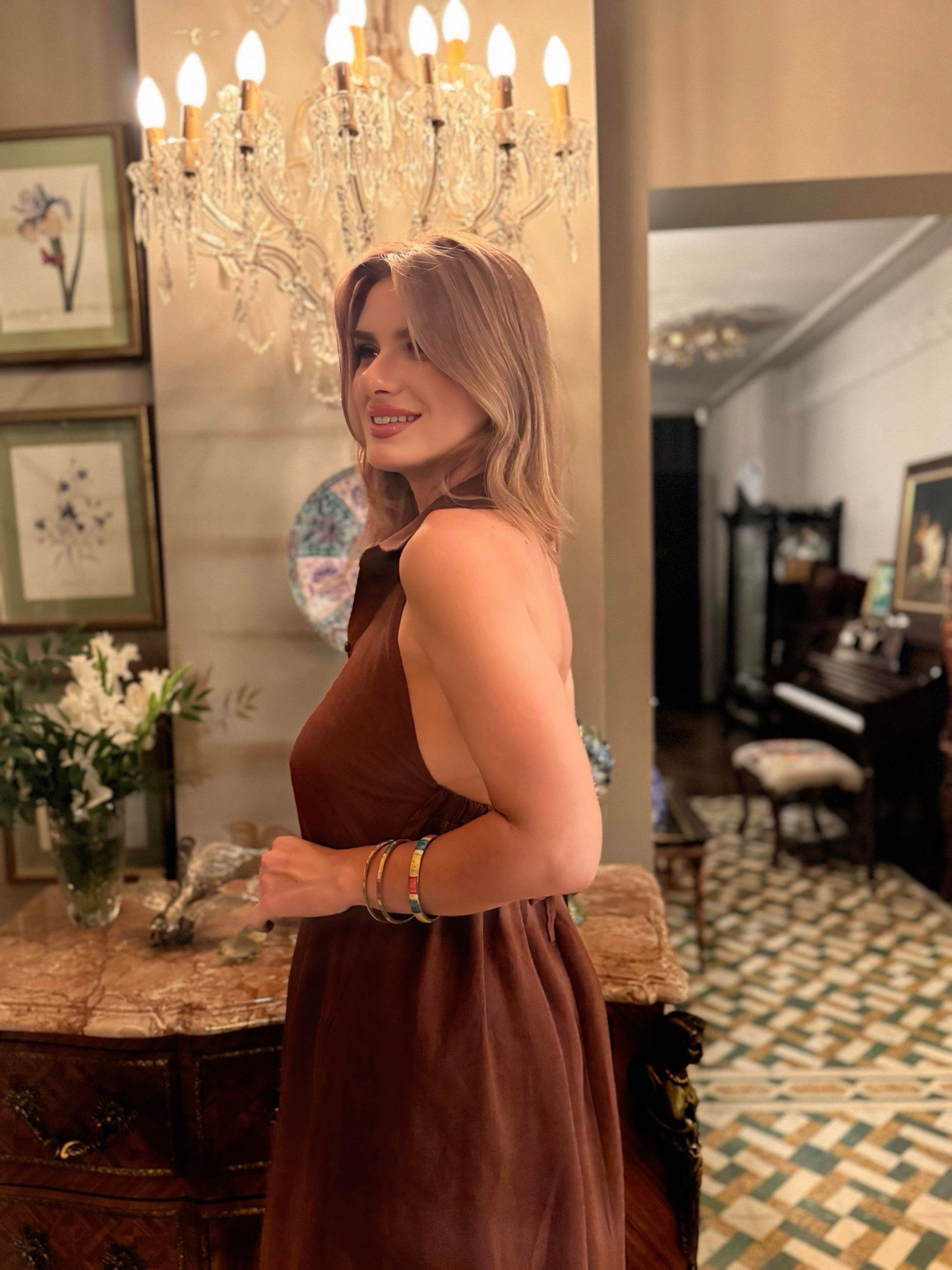 ELBİSELaura Halter Yaka Düğmeli Keten Elbise - Kahve
