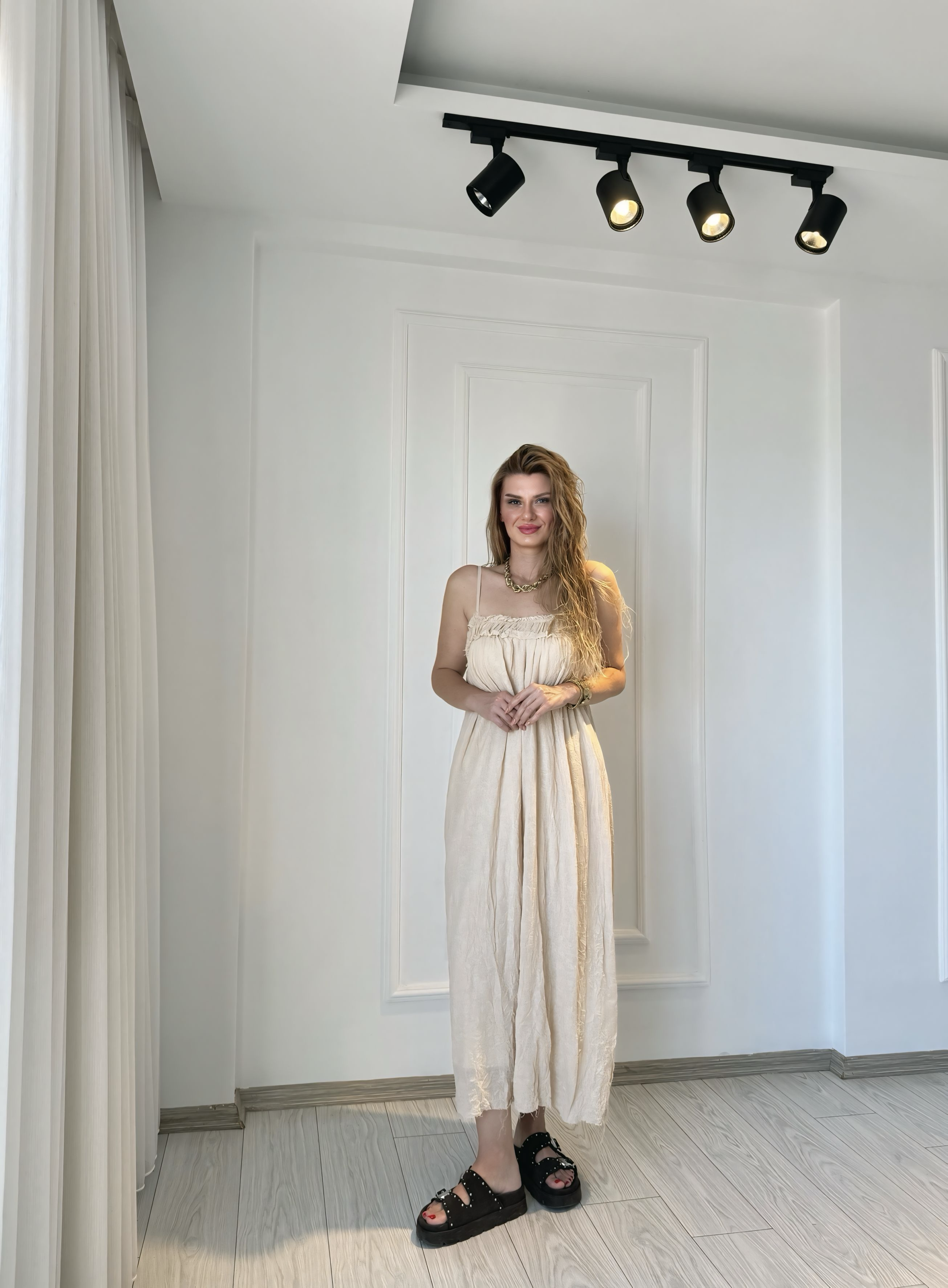 ELBİSELuna Naturel Seri %100 Pamuklu İp Askılı Astarlı Elbise - Natur