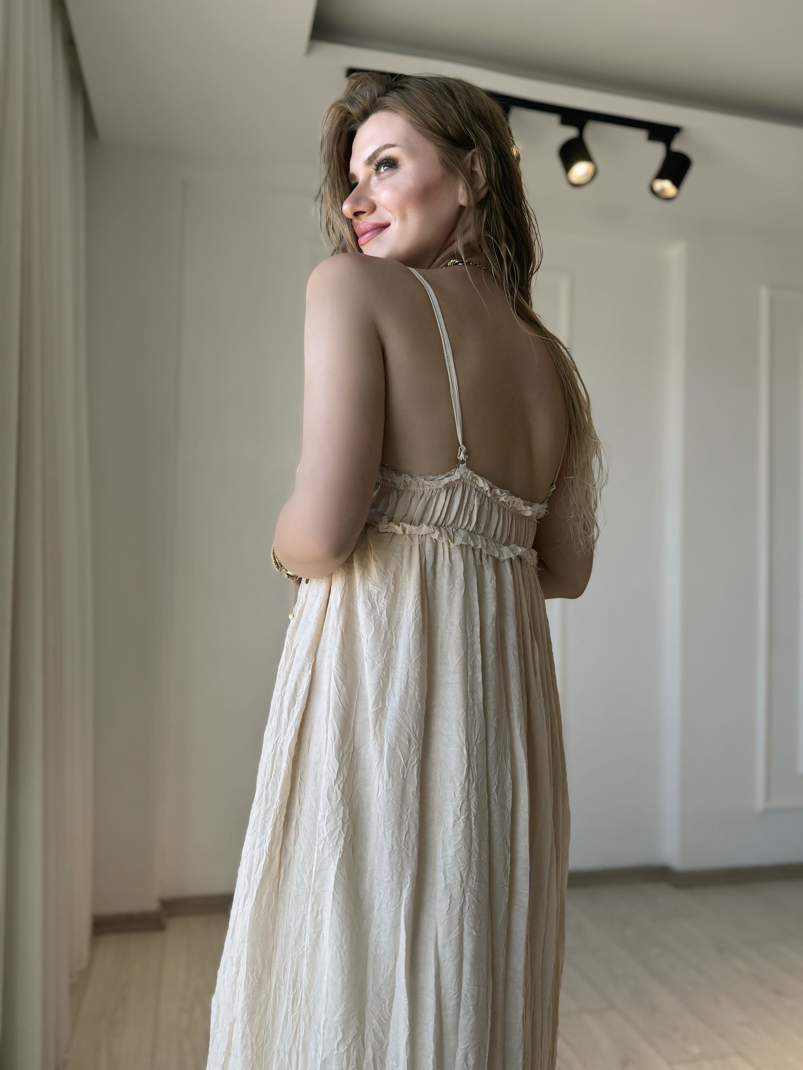 ELBİSELuna Naturel Seri %100 Pamuklu İp Askılı Astarlı Elbise - Natur