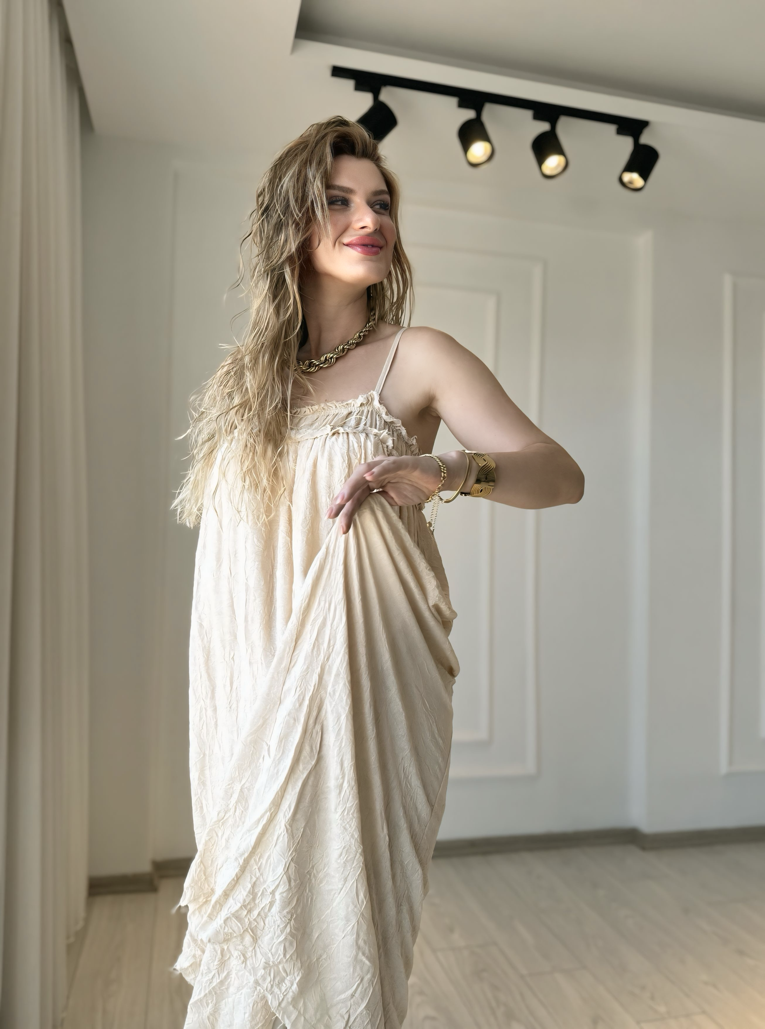 ELBİSELuna Naturel Seri %100 Pamuklu İp Askılı Astarlı Elbise - Natur