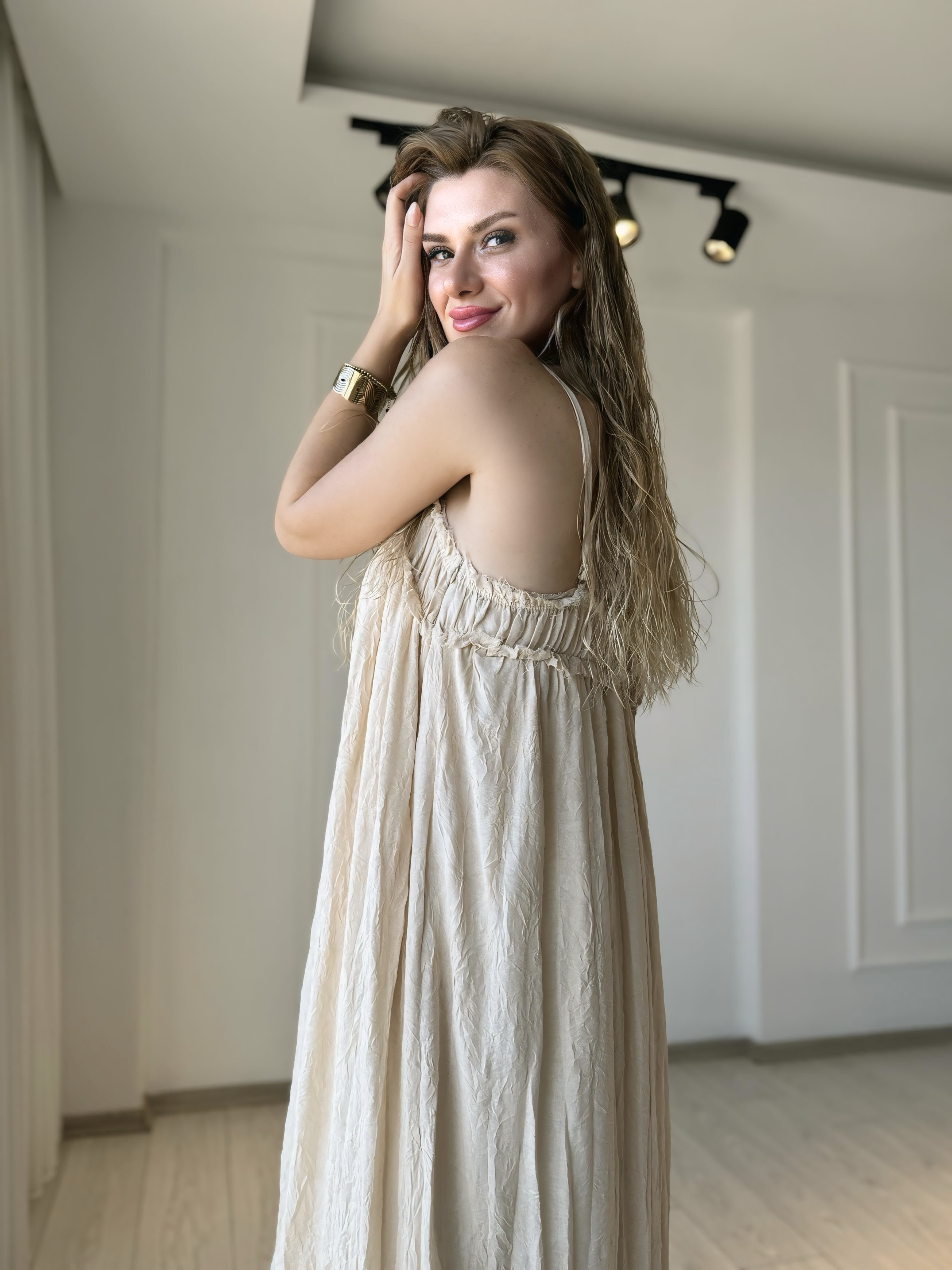 ELBİSELuna Naturel Seri %100 Pamuklu İp Askılı Astarlı Elbise - Natur
