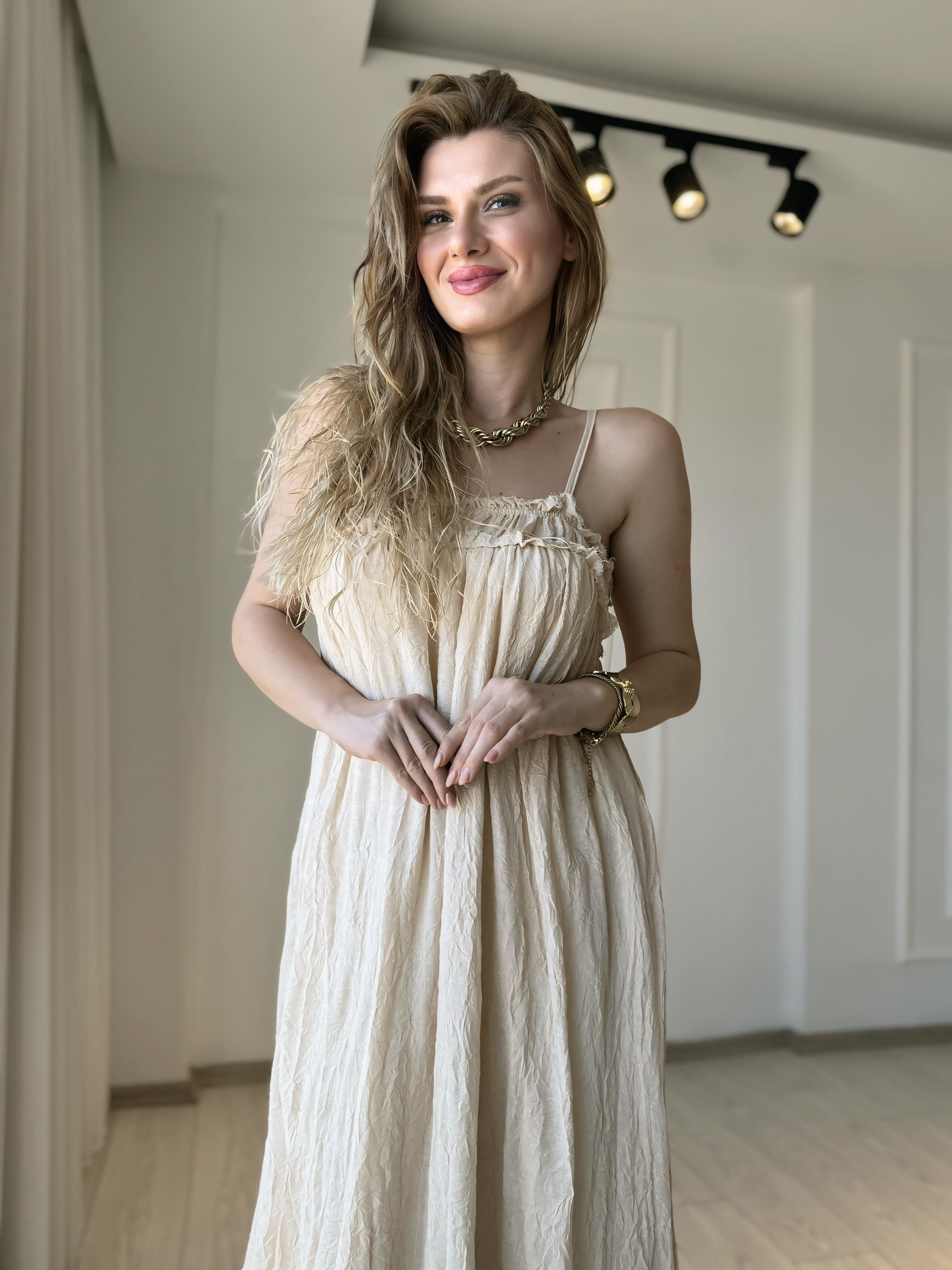 ELBİSELuna Naturel Seri %100 Pamuklu İp Askılı Astarlı Elbise - Natur