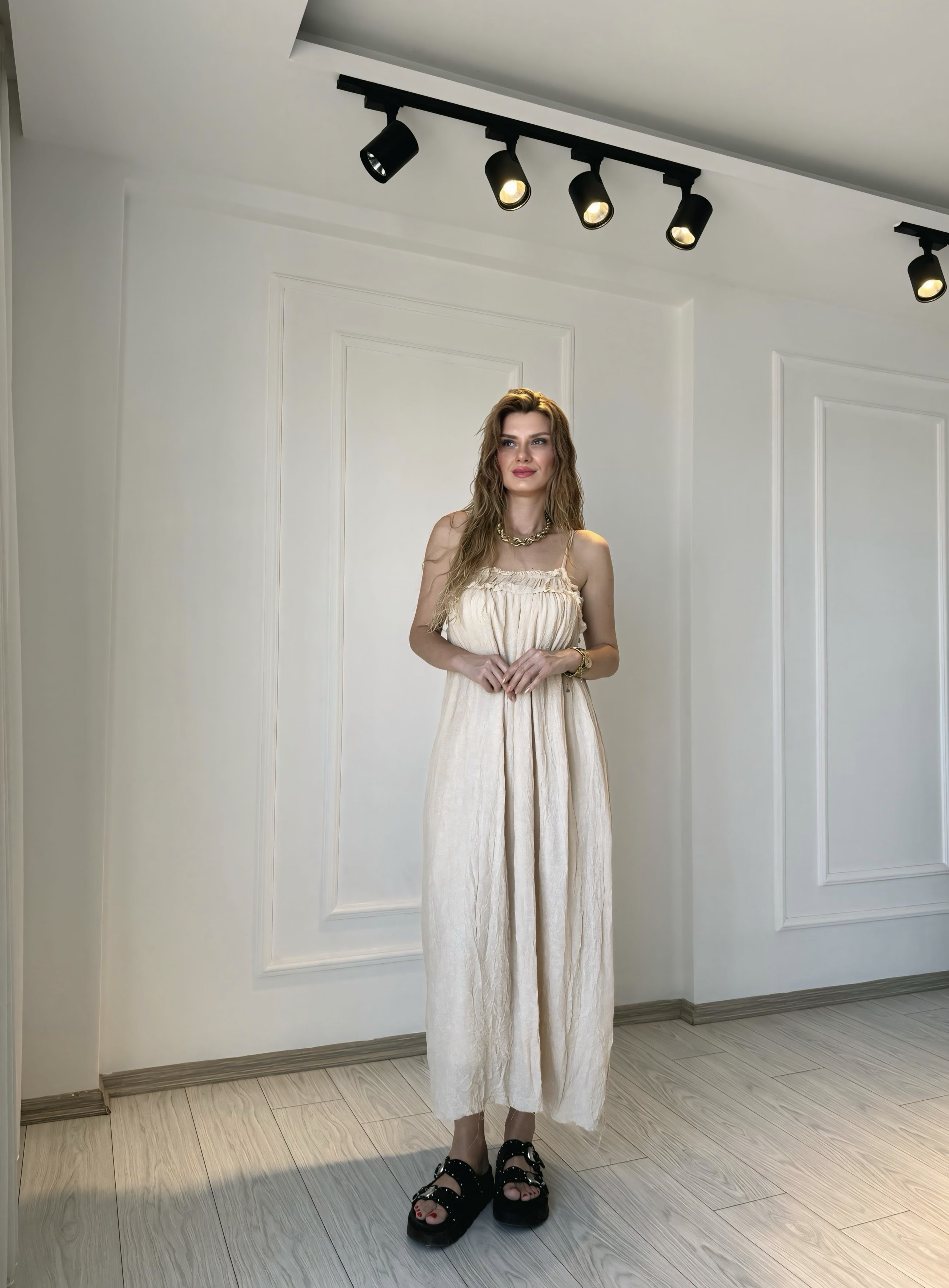 ELBİSELuna Naturel Seri %100 Pamuklu İp Askılı Astarlı Elbise - Natur